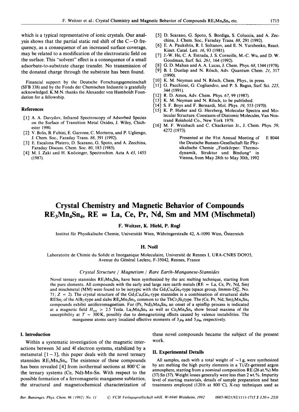 Crystal Chemistry and Magnetic Behavior of Compounds RE3Mn4Sn4, RE [equals] La, Ce, Pr, Nd, Sm and MM (Mischmetal) by Unknown