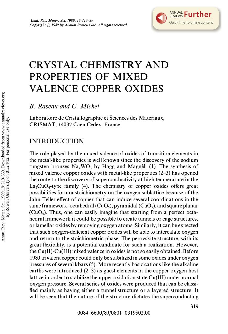 Crystal Chemistry and Properties of Mixed Valence Copper Oxides by B Raveau & C Michel