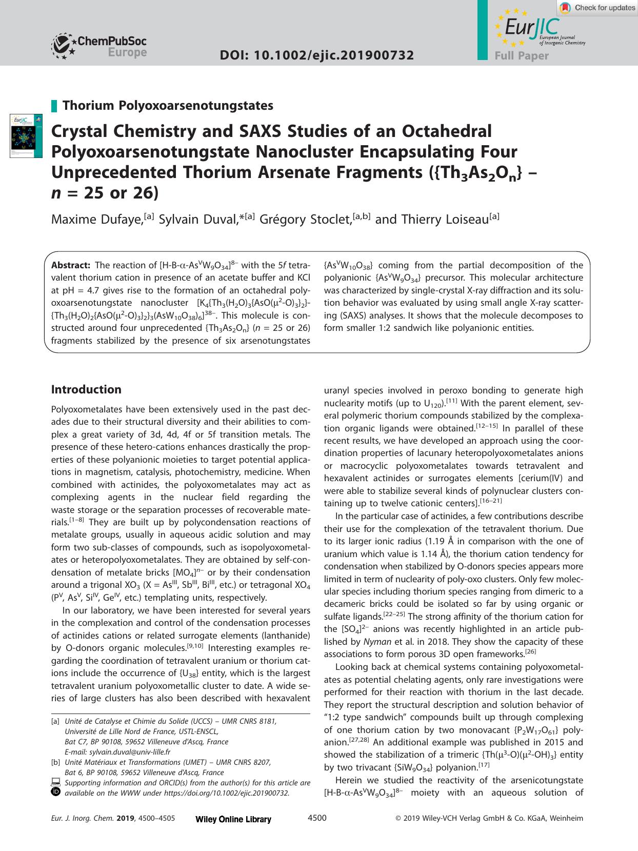 Crystal Chemistry and SAXS Studies of an Octahedral Polyoxoarsenotungstate Nanocluster Encapsulating Four Unprecedented Thorium Arsenate Fragments ({Th3As2On} â n = 25 or 26) by Unknown