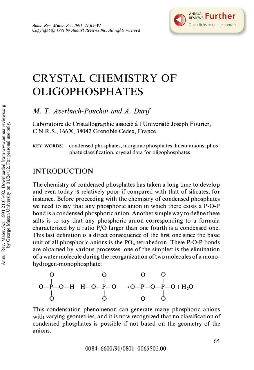 Crystal Chemistry of Oligophosphates by M T Averbuch-Pouchot & A Durif