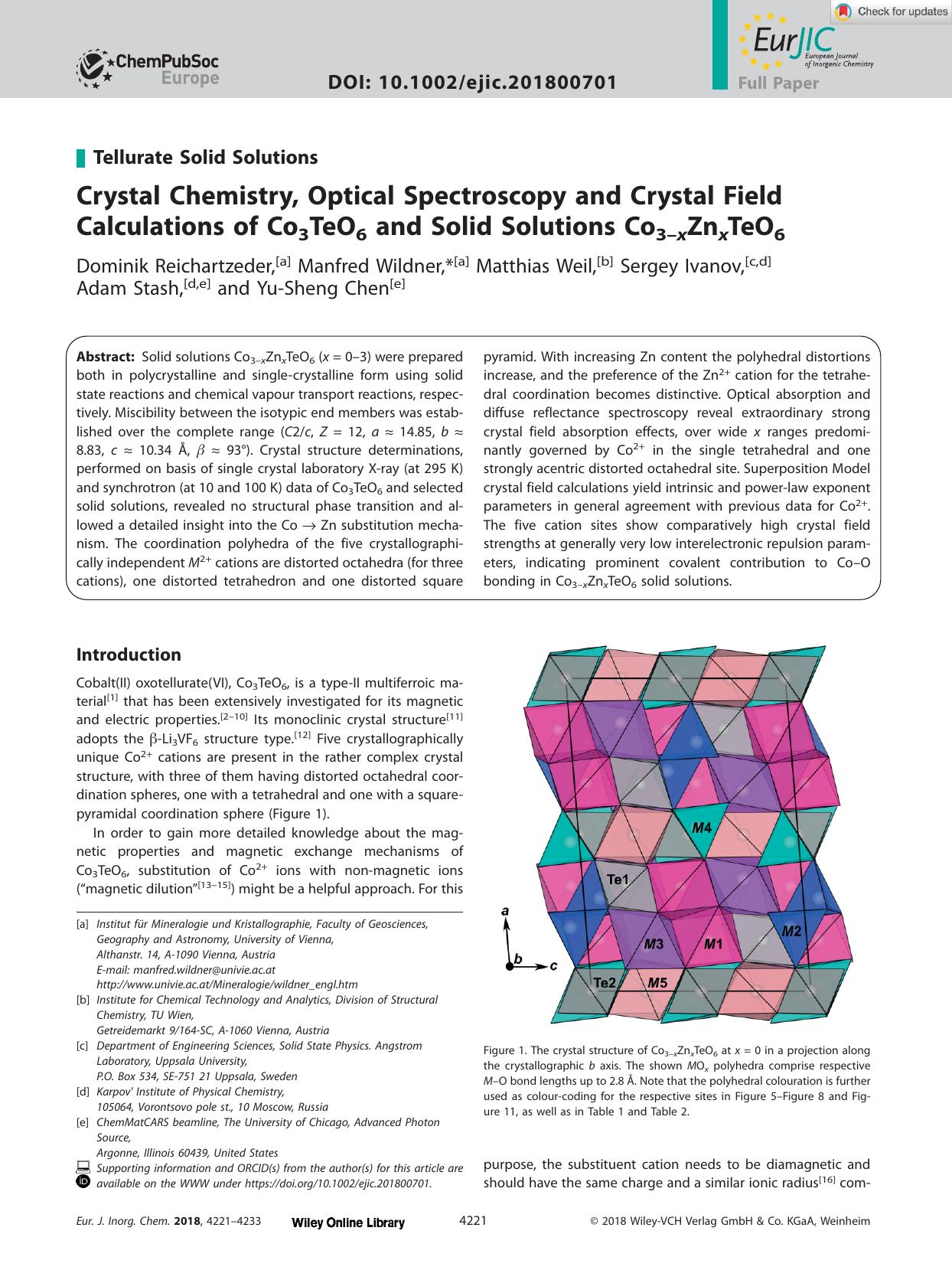 Crystal Chemistry, Optical Spectroscopy and Crystal Field Calculations of Co3TeO6 and Solid Solutions Co3âxZnxTeO6 by Unknown