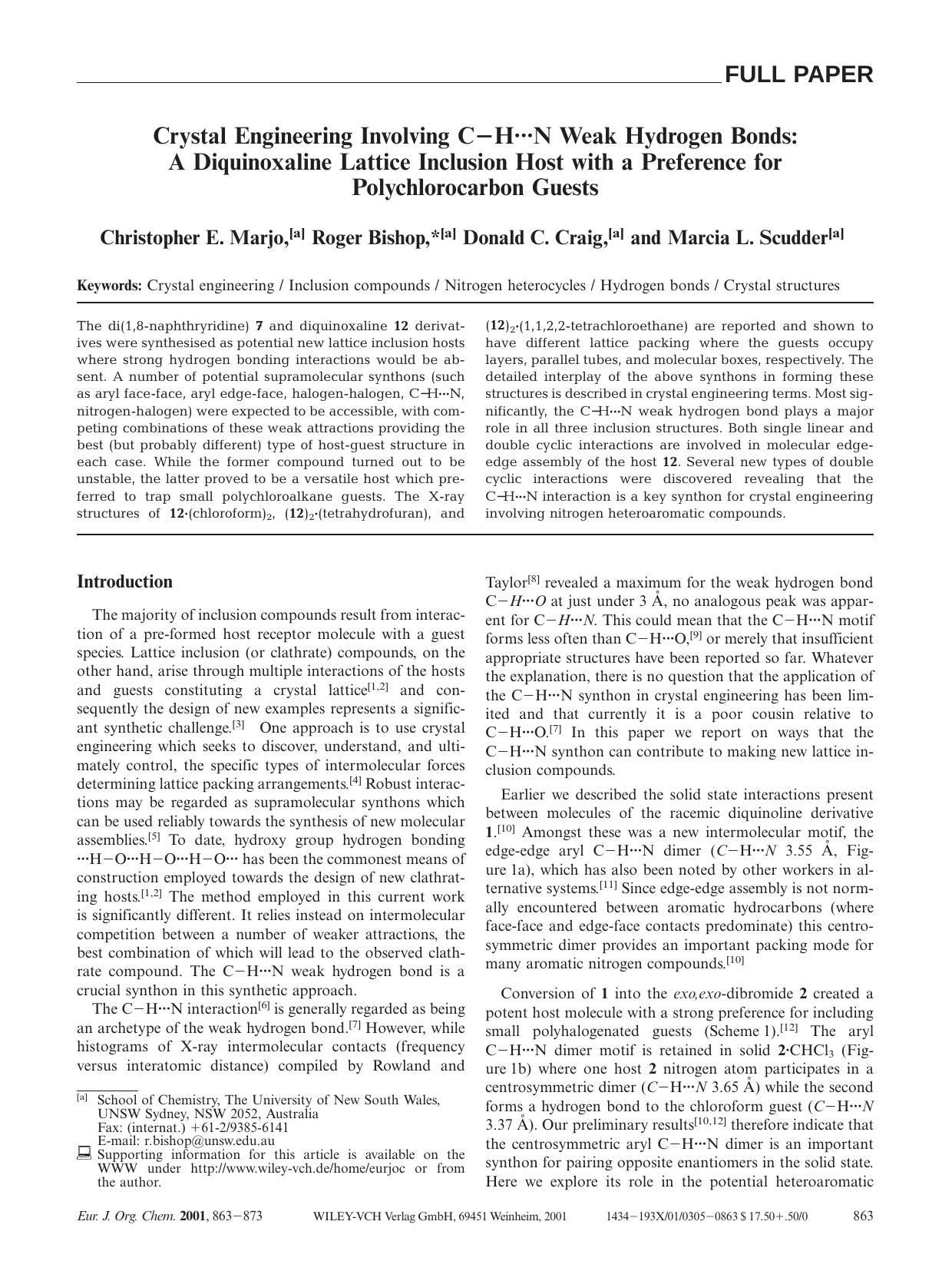 Crystal Engineering Involving C-HÂ·Â·Â·N Weak Hydrogen Bonds: A Diquinoxaline Lattice Inclusion Host with a Preference for Polychlorocarbon Guests by Unknown