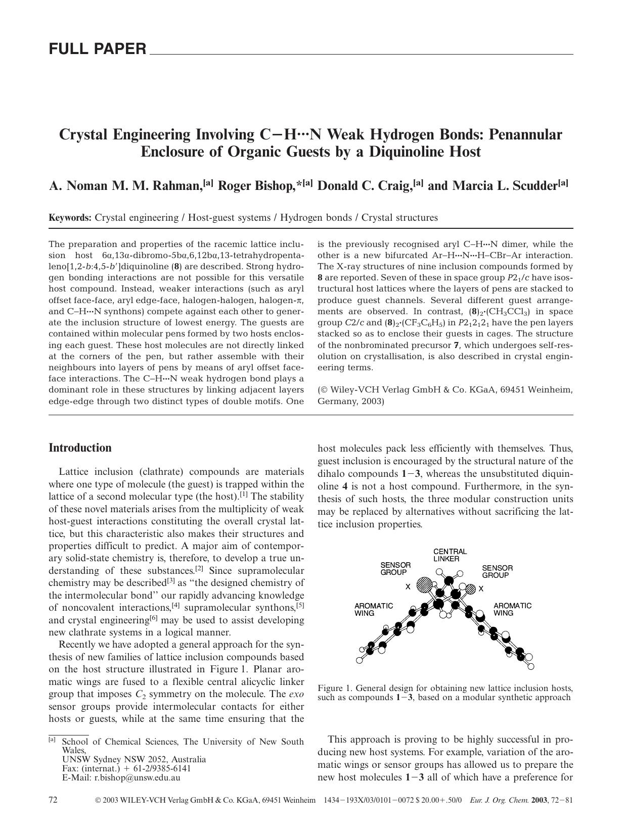 Crystal Engineering Involving C-HÂ·Â·Â·N Weak Hydrogen Bonds: Penannular Enclosure of Organic Guests by a Diquinoline Host by Unknown