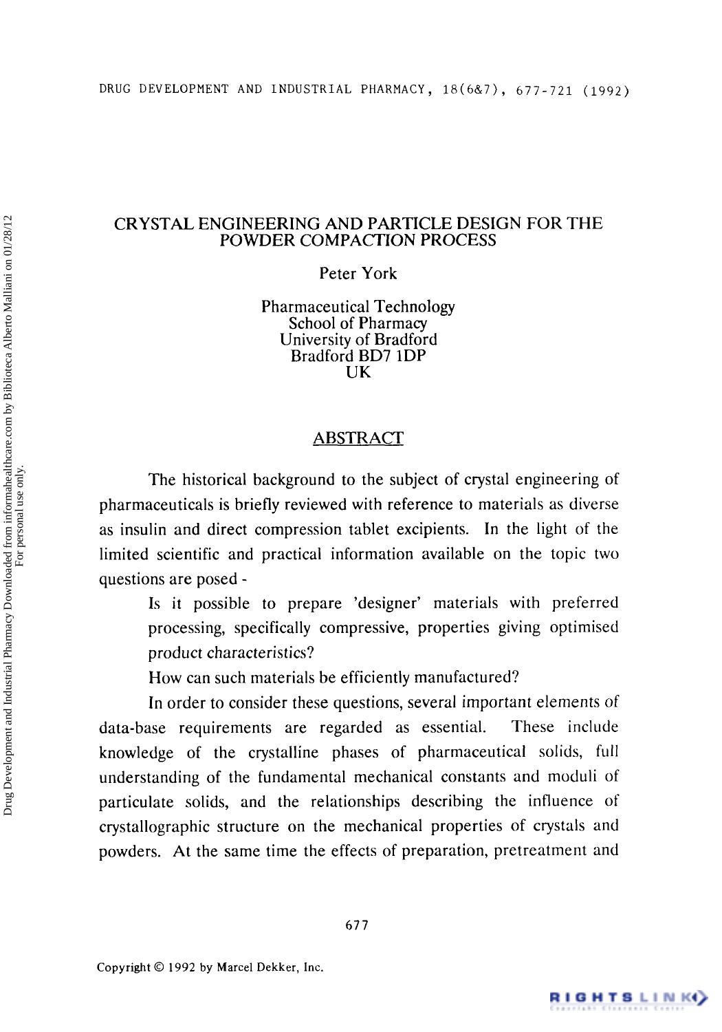 Crystal Engineering and Particle Design for the Powder Compaction Process by Peter York