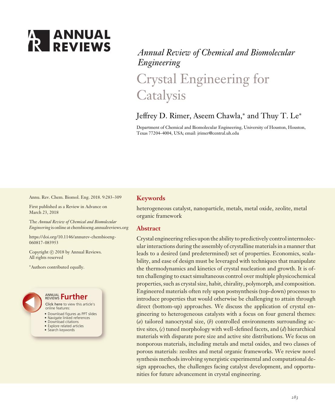Crystal Engineering for Catalysis by Jeffrey D. Rimer Aseem Chawla Thuy T. Le