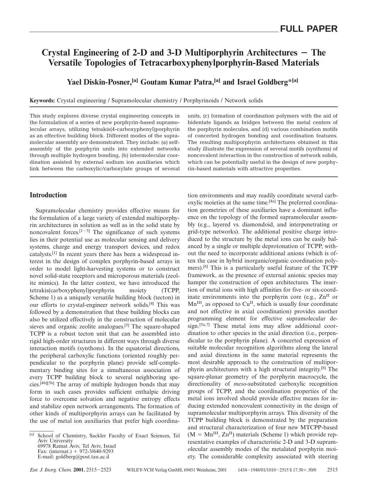 Crystal Engineering of 2-D and 3-D Multiporphyrin Architectures - The Versatile Topologies of Tetracarboxyphenylporphyrin-Based Materials by Unknown