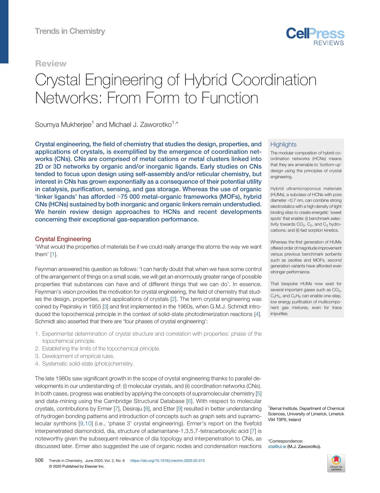 Crystal Engineering of Hybrid Coordination Networks: From Form to Function by Soumya Mukherjee & Michael J. Zaworotko