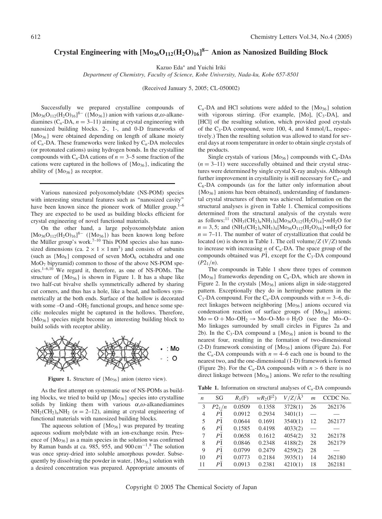 Crystal Engineering with [Mo_{36}O_{112}(H_{2}O)_{16}]^{8-} Anion as Nanosized Building Block by Kazuo Eda and Yuichi Iriki