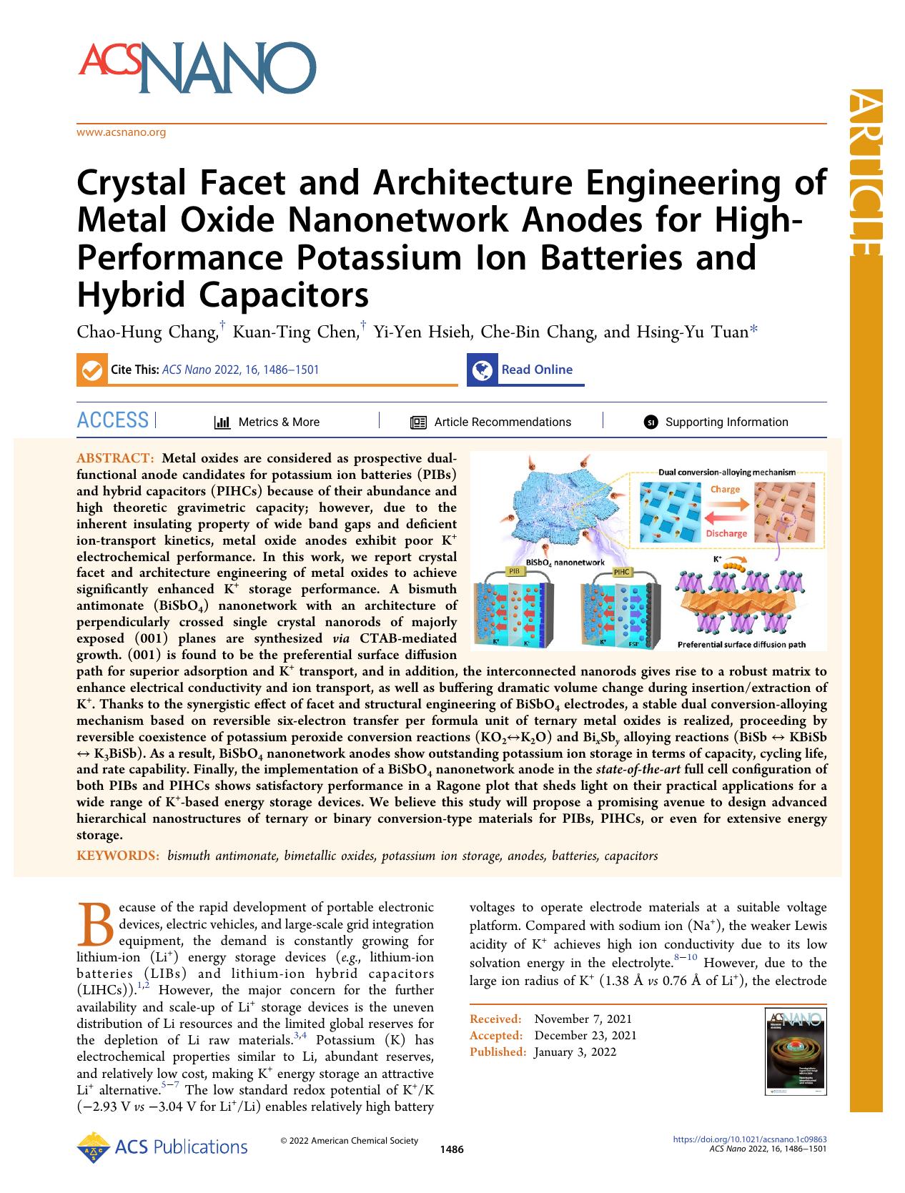 Crystal Facet and Architecture Engineering of Metal Oxide Nanonetwork Anodes for High-Performance Potassium Ion Batteries and Hybrid Capacitors by Chao-Hung Chang Kuan-Ting Chen Yi-Yen Hsieh Che-Bin Chang and Hsing-Yu Tuan