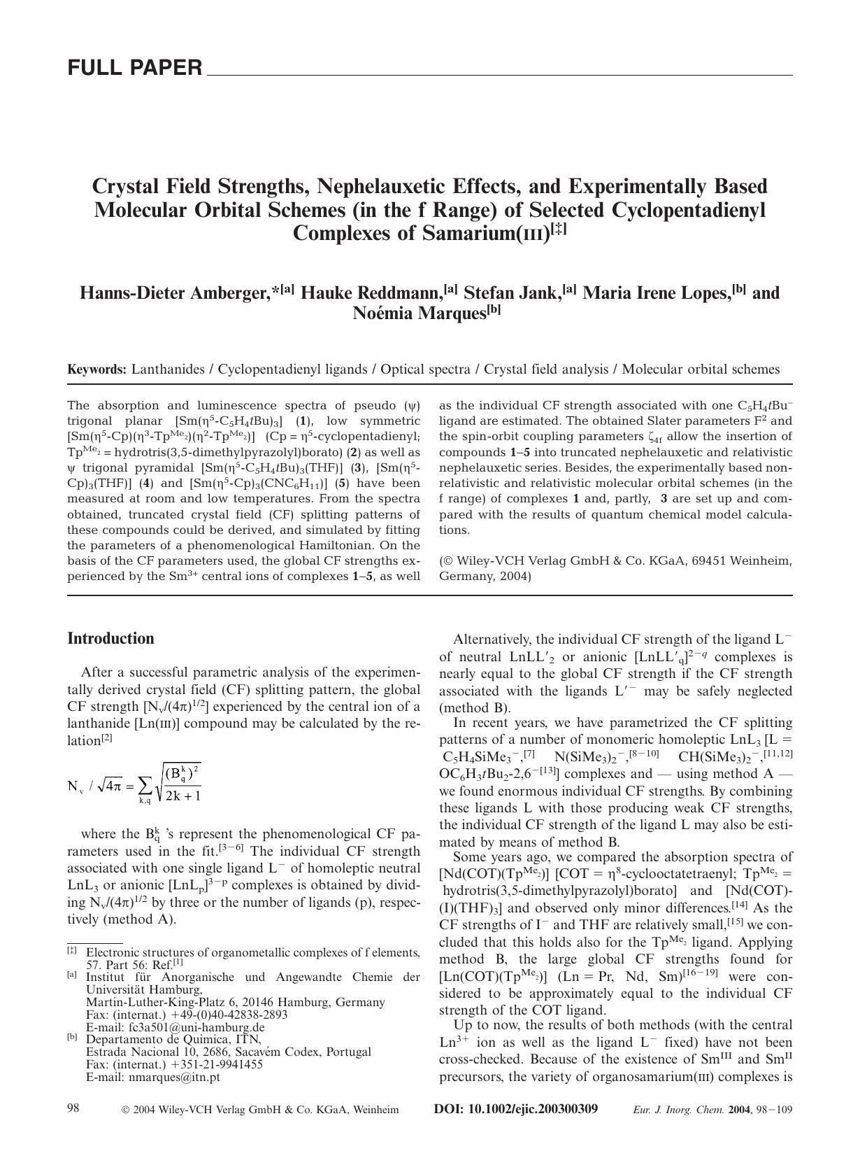 Crystal Field Strengths, Nephelauxetic Effects, and Experimentally Based Molecular Orbital Schemes (in the f Range) of Selected Cyclopentadienyl Complexes of Samarium(III) by Unknown