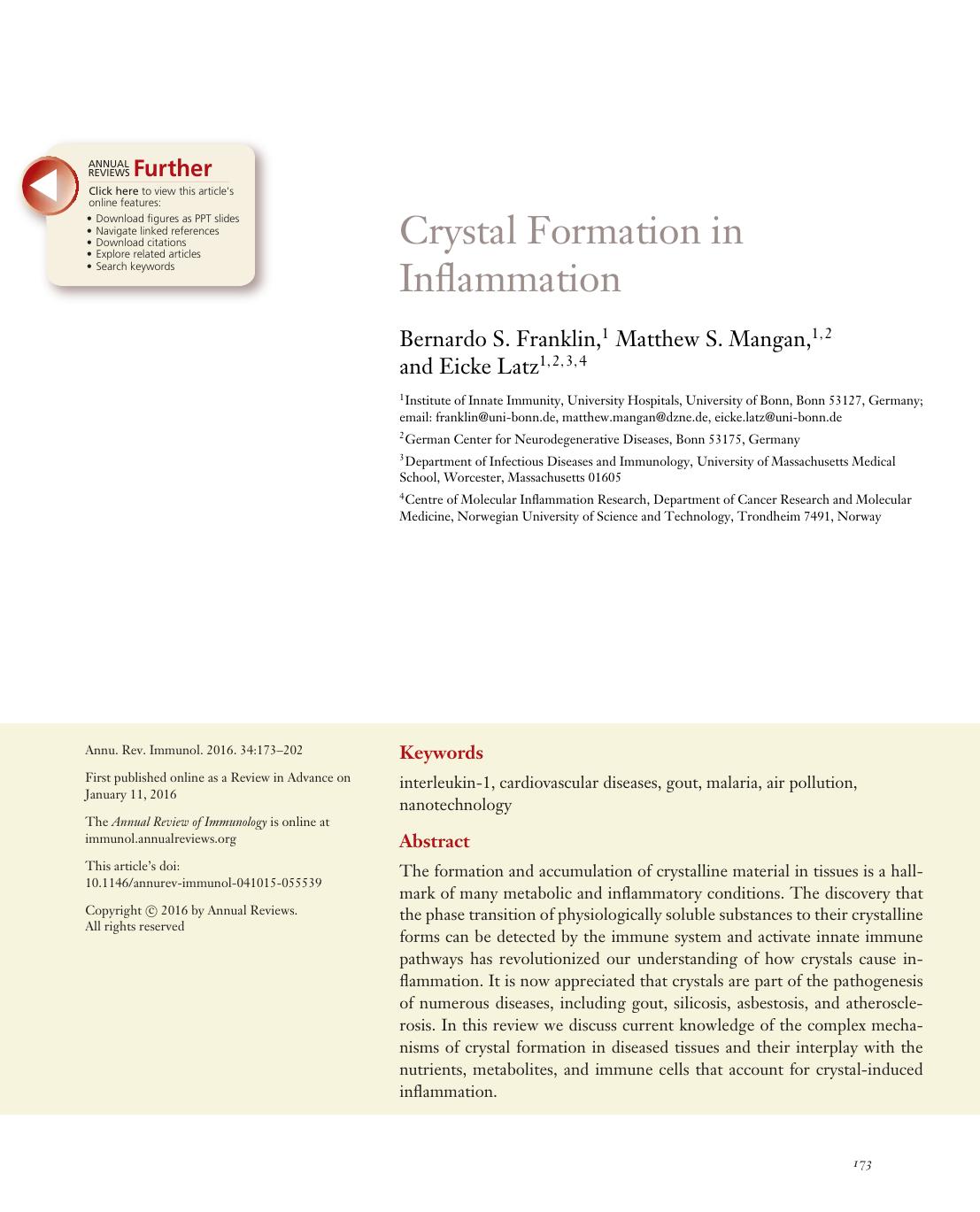 Crystal Formation in Inflammation by Bernardo S. Franklin Matthew S. Mangan Eicke Latz