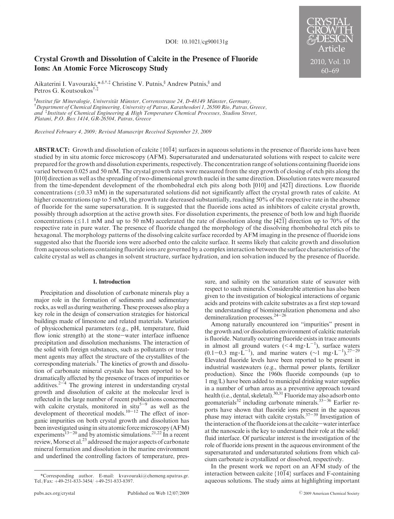 Crystal Growth and Dissolution of Calcite in the Presence of Fluoride Ions: An Atomic Force Microscopy Study by Unknown