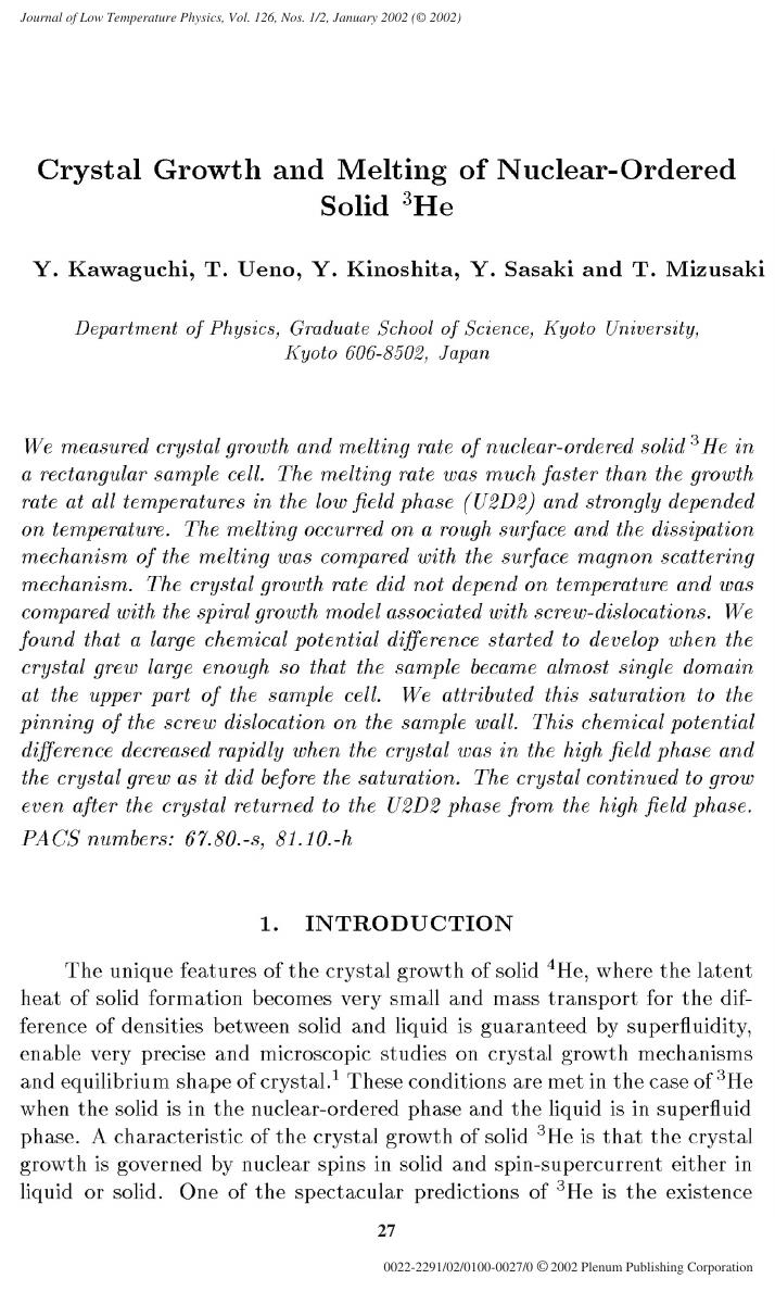 Crystal Growth and Melting of Nuclear-Ordered Solid 3He by Unknown