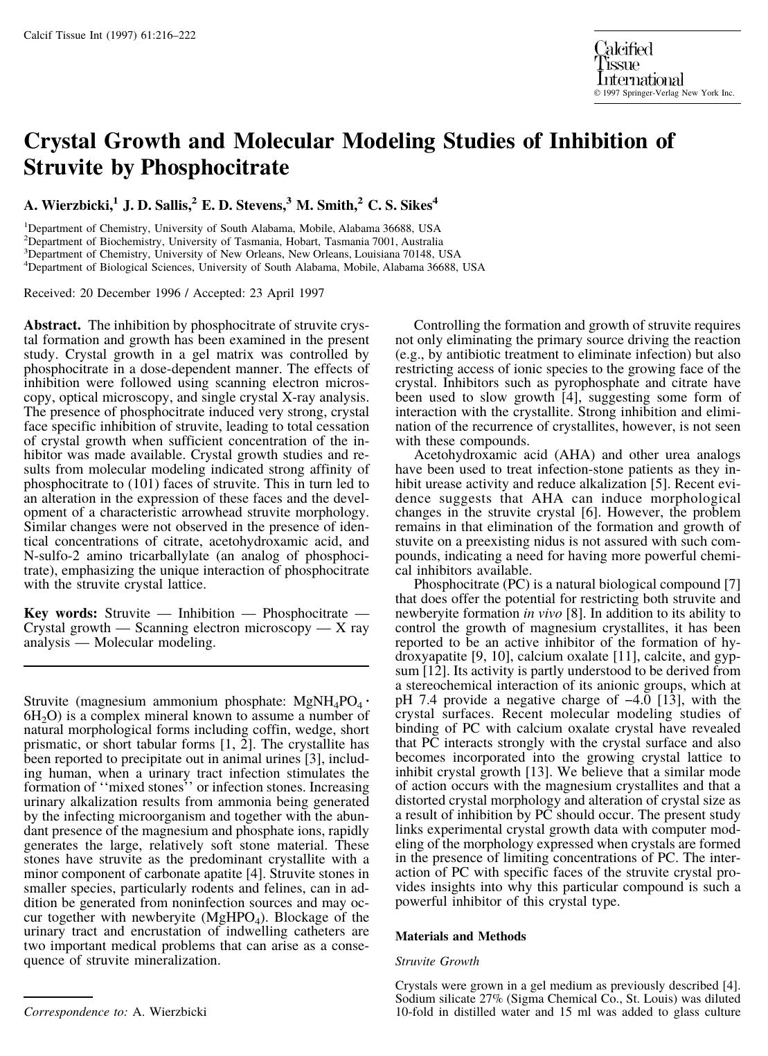 Crystal Growth and Molecular Modeling Studies of Inhibition of Struvite by Phosphocitrate by Wierzbicki A. et al