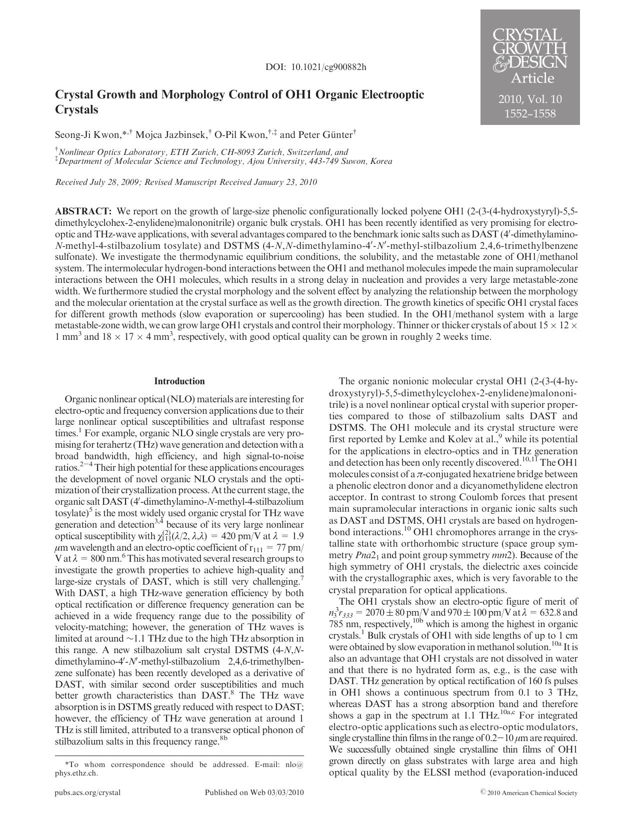 Crystal Growth and Morphology Control of OH1 Organic Electrooptic Crystals by Unknown
