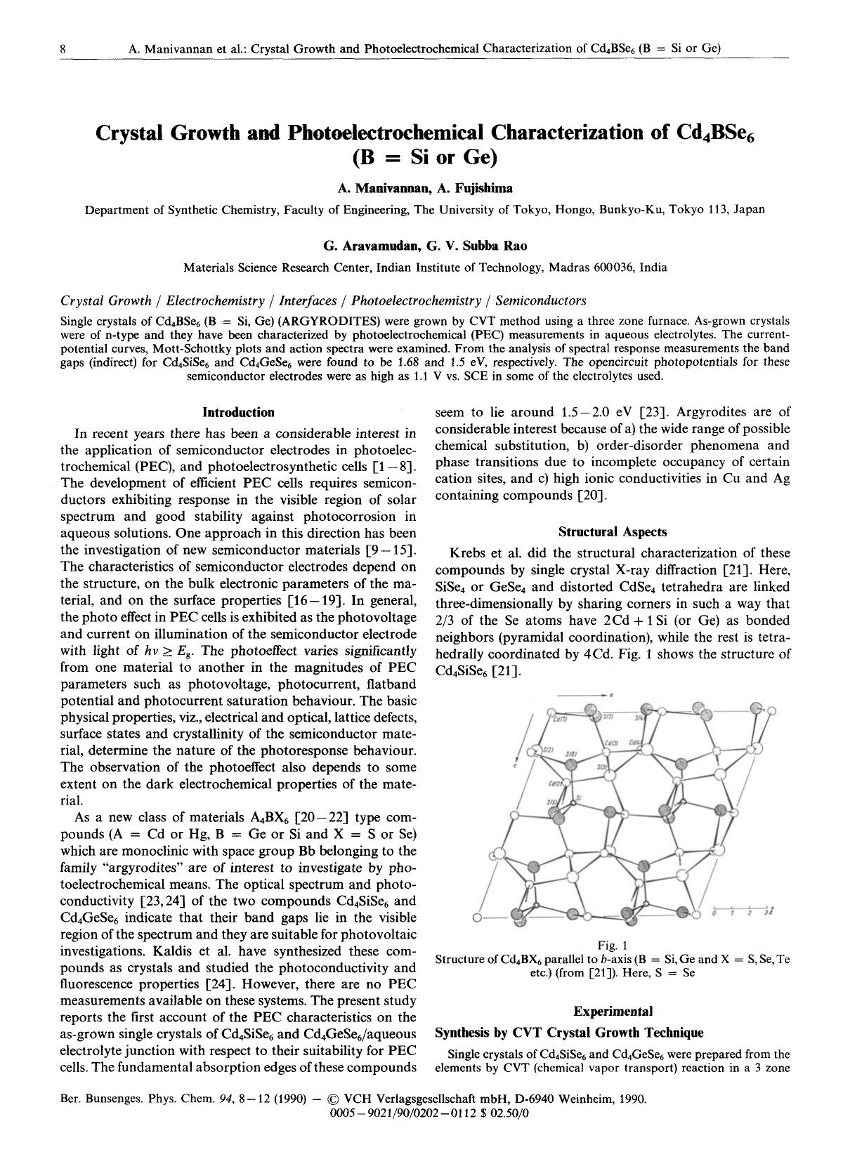 Crystal Growth and Photoelectrochemical Characterization of Cd4BSe6 (B [equals] Si or Ge) by Unknown