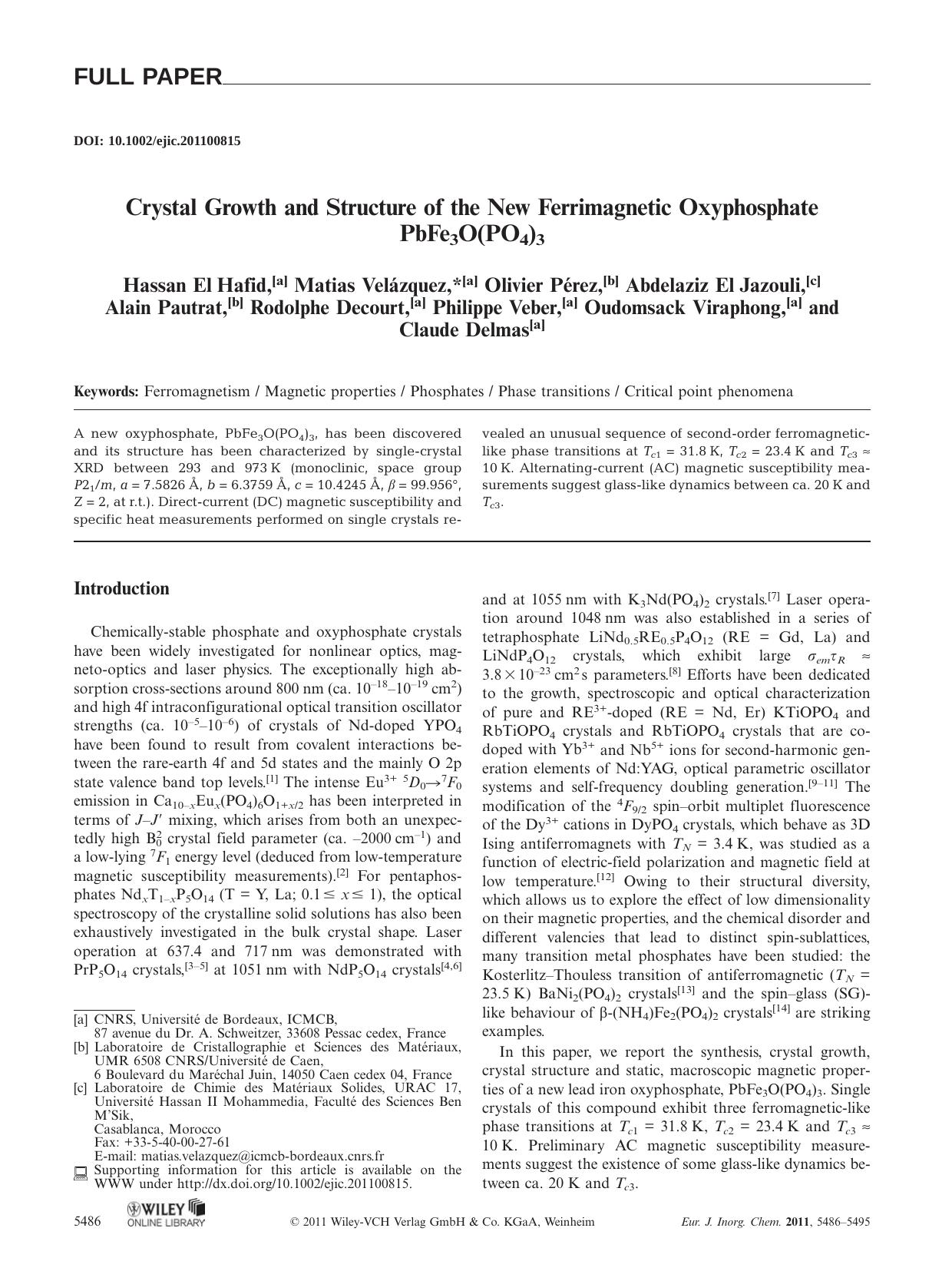 Crystal Growth and Structure of the New Ferrimagnetic Oxyphosphate PbFe3O(PO4)3 by Unknown