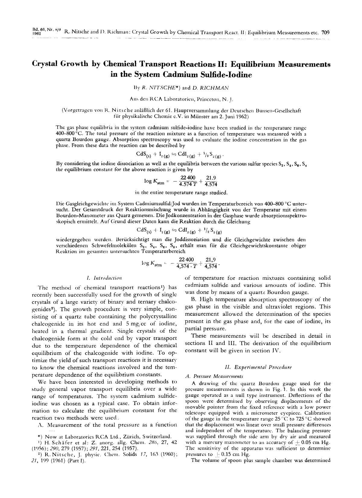 Crystal Growth by Chemical Transport Reactions II: Equilibrium Measurements in the System Cadmium Sulfide-Iodine by Unknown