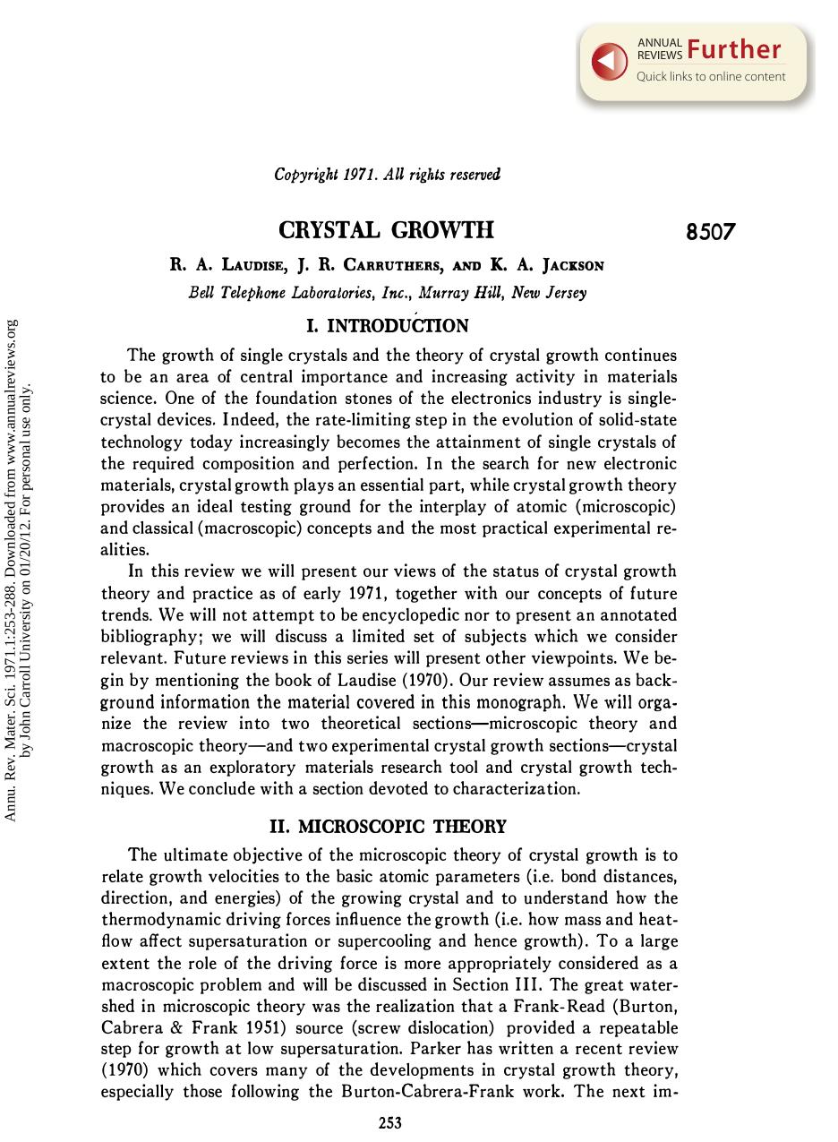 Crystal Growth by R A Laudise J R Carruthers & K A Jackson