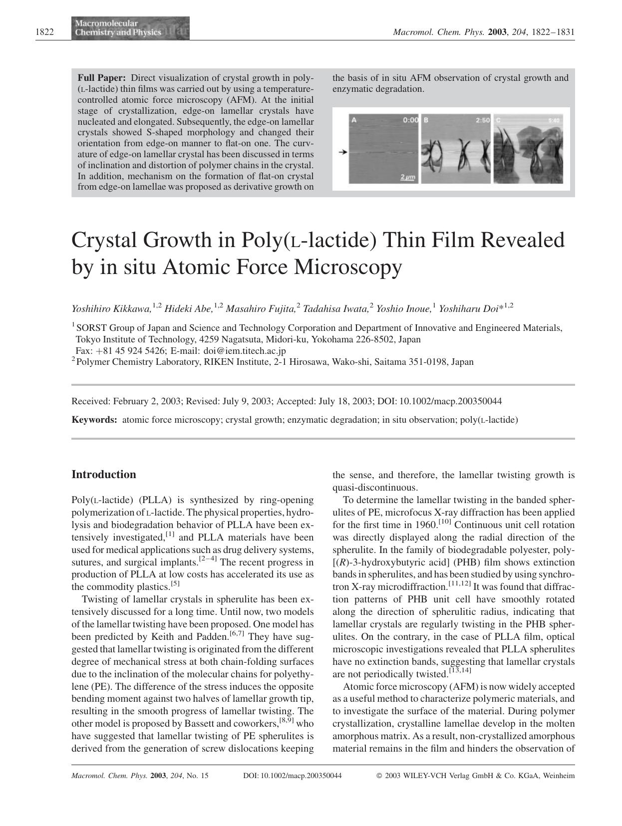 Crystal Growth in Poly(L-lactide) Thin Film Revealed by in situ Atomic Force Microscopy by Unknown