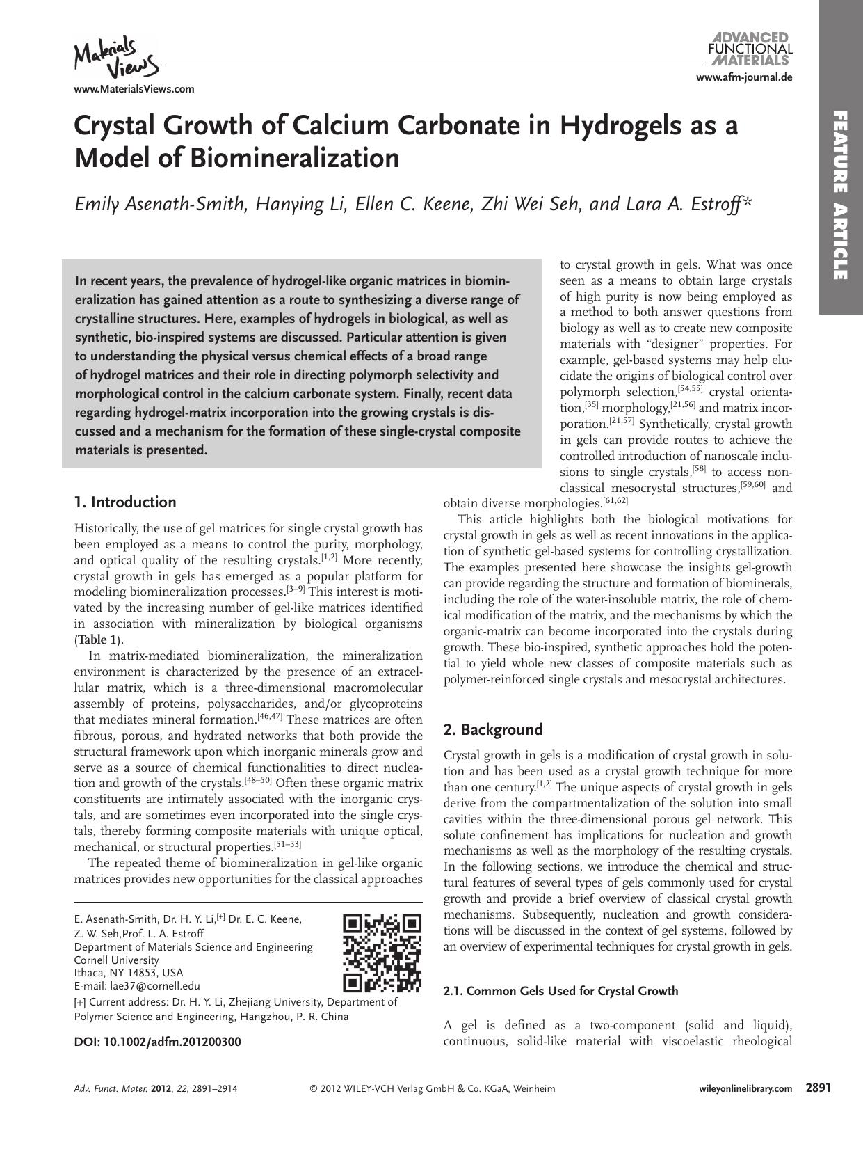 Crystal Growth of Calcium Carbonate in Hydrogels as a Model of Biomineralization by vng