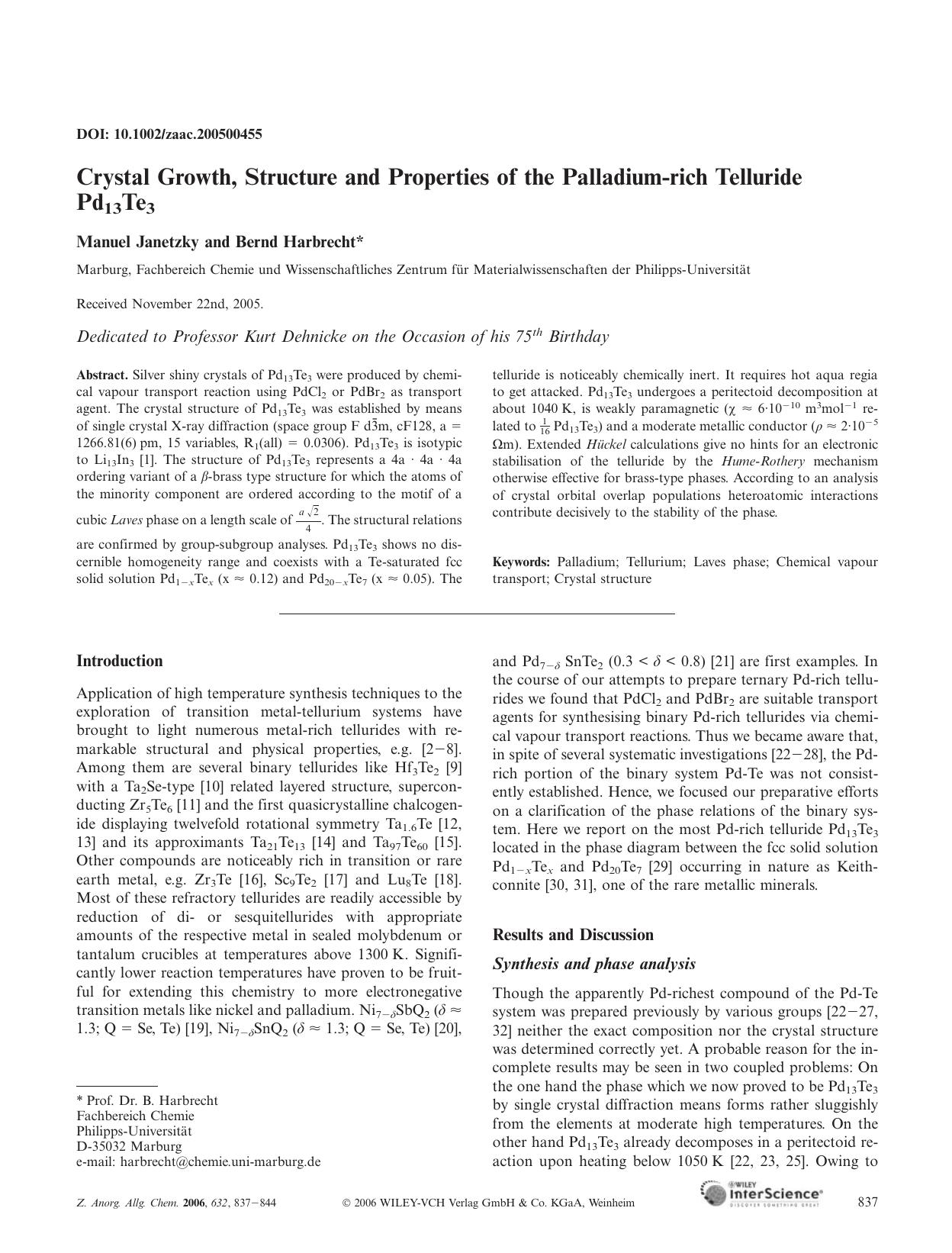Crystal Growth, Structure and Properties of the Palladium-rich Telluride Pd13Te3 by Unknown