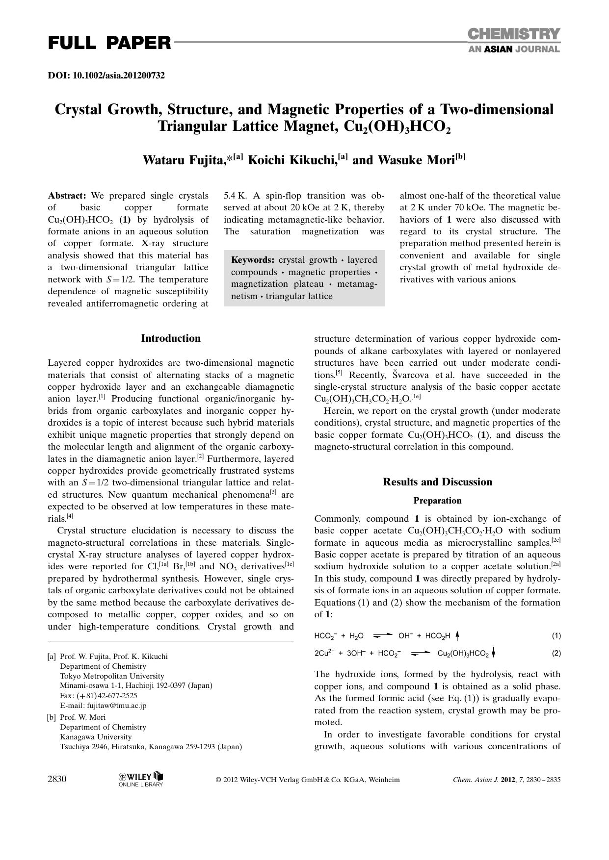 Crystal Growth, Structure, and Magnetic Properties of a Twodimensional Triangular Lattice Magnet, Cu2(OH)3HCO2 by Unknown