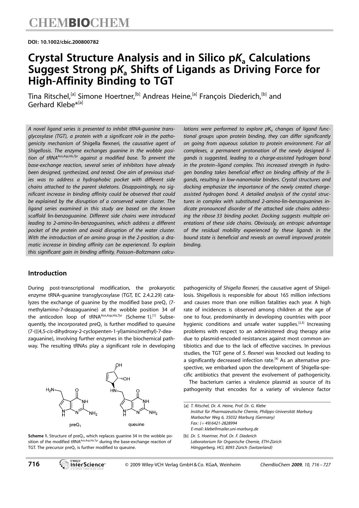Crystal Structure Analysis and in Silico pKa Calculations Suggest Strong pKa Shifts of Ligands as Driving Force for High-Affinity Binding to TGT by Unknown