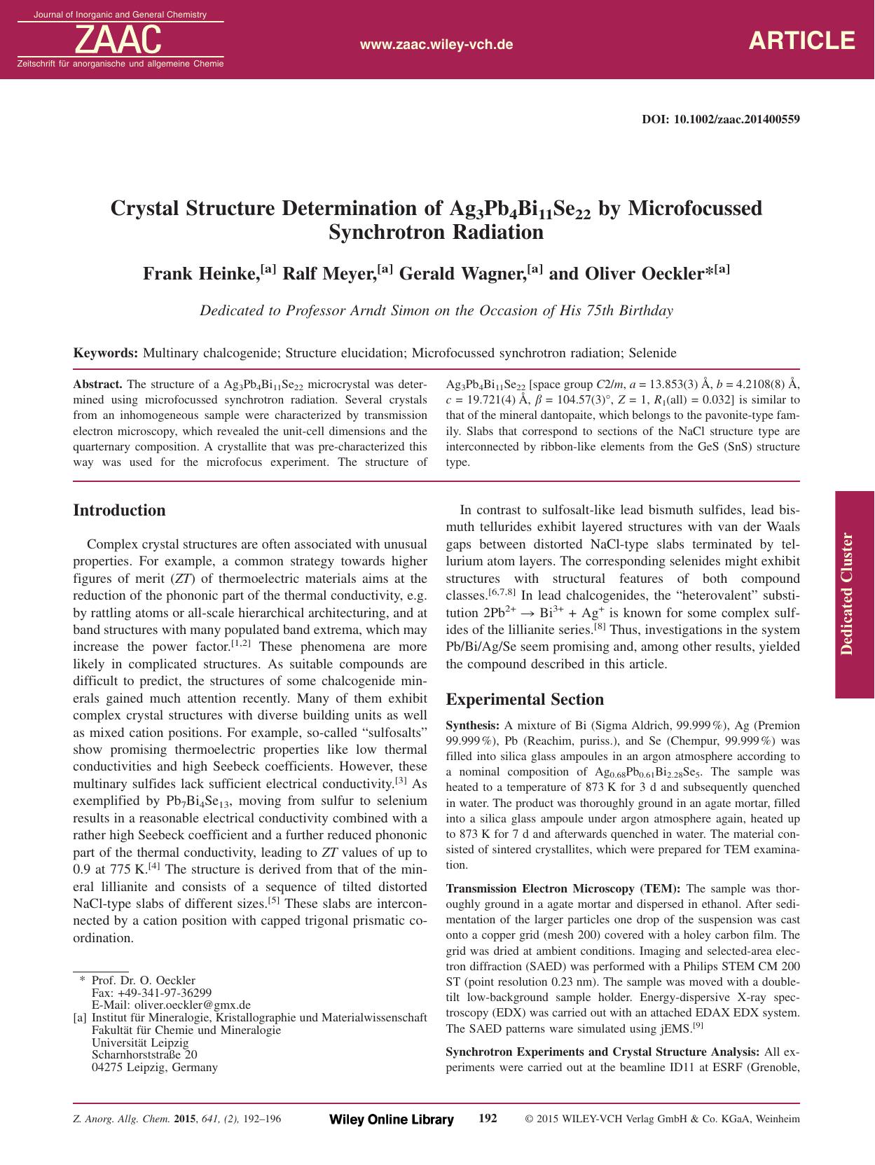 Crystal Structure Determination of Ag3Pb4Bi11Se22 by Microfocussed Synchrotron Radiation by Unknown