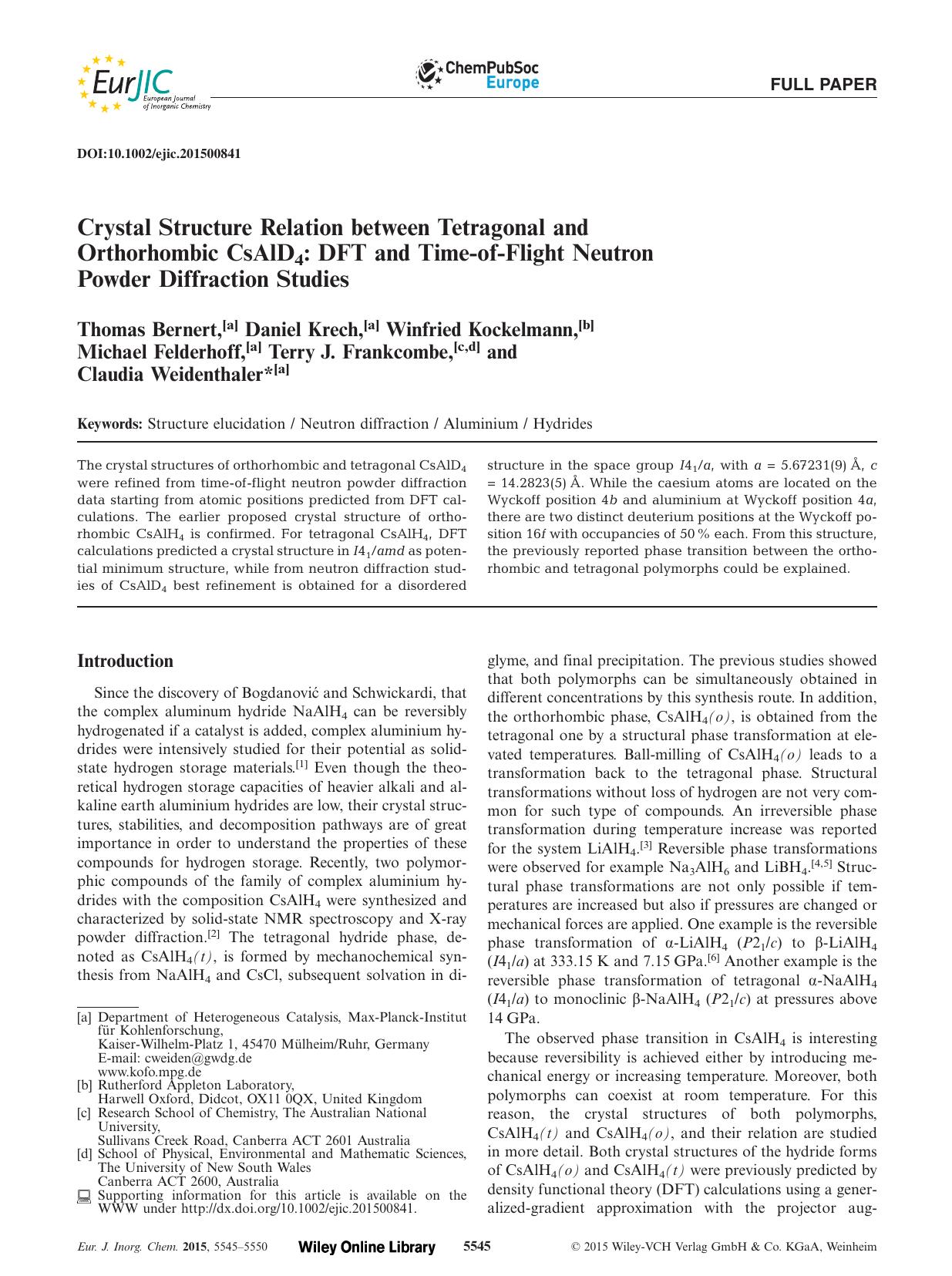 Crystal Structure Relation between Tetragonal and Orthorhombic CsAlD4: DFT and TimeofFlight Neutron Powder Diffraction Studies by Unknown