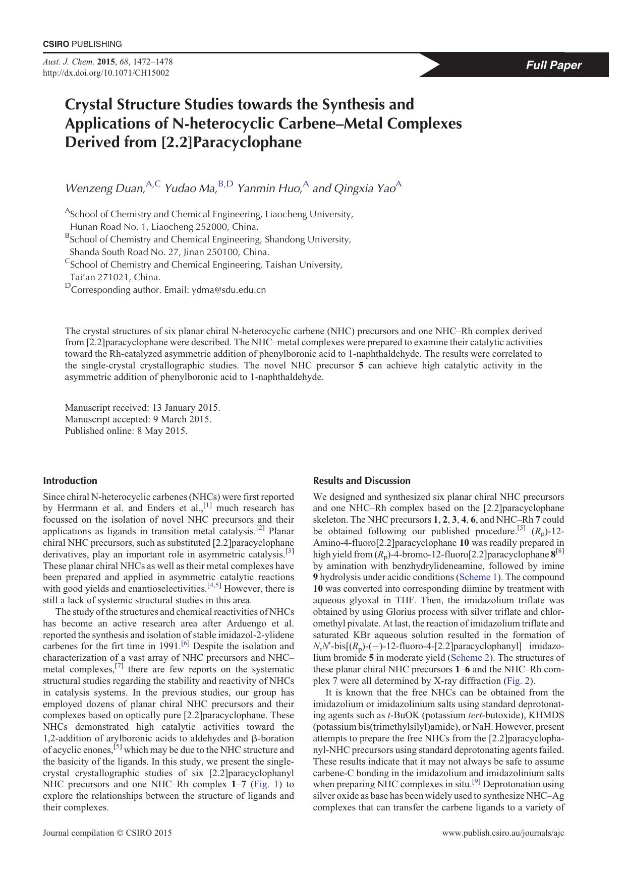 Crystal Structure Studies towards the Synthesis and Applications of N-heterocyclic Carbene-Metal Complexes Derived from [2.2]Paracyclophane by W. Duan et al