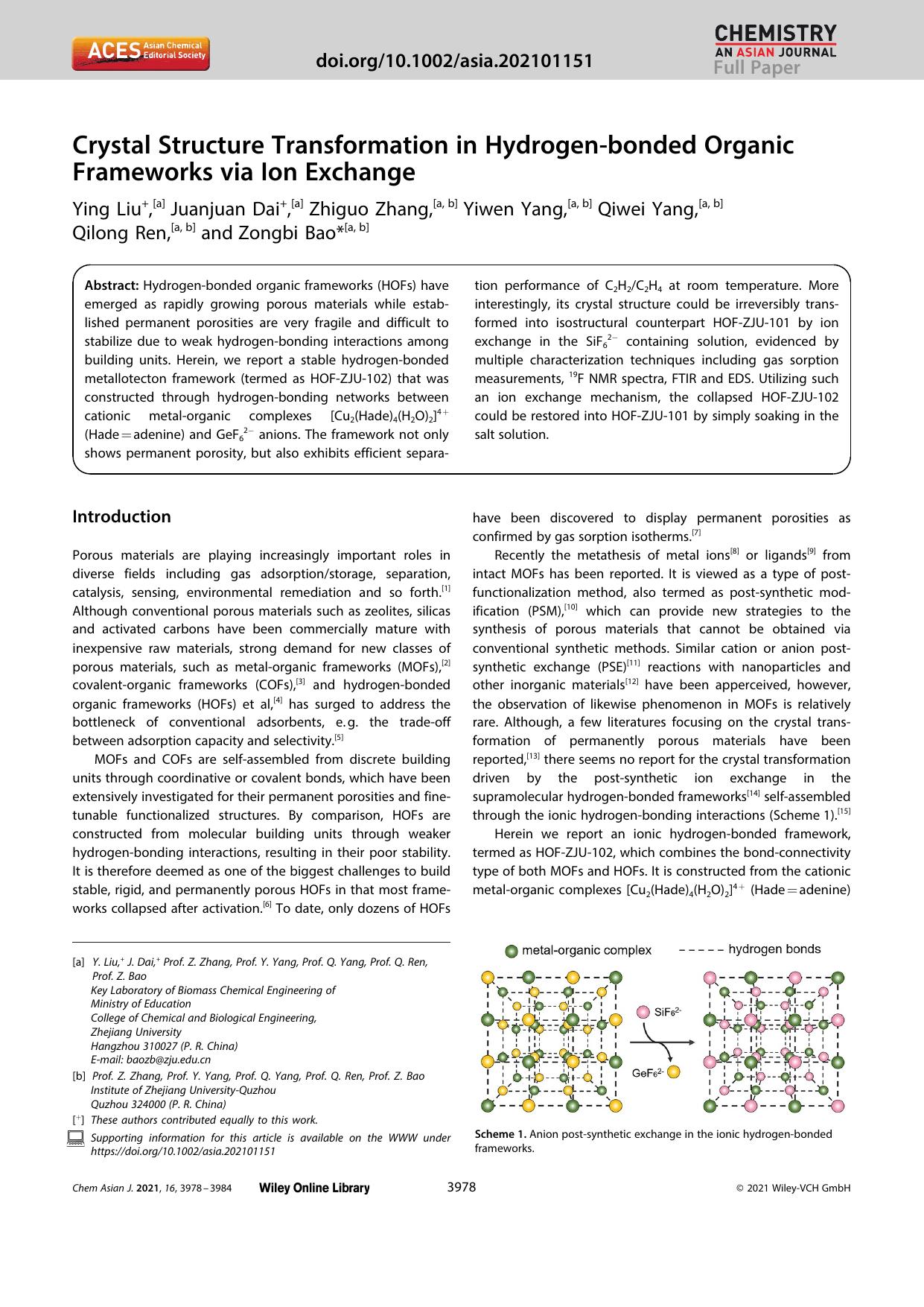 Crystal Structure Transformation in Hydrogenâbonded Organic Frameworks via Ion Exchange by Unknown