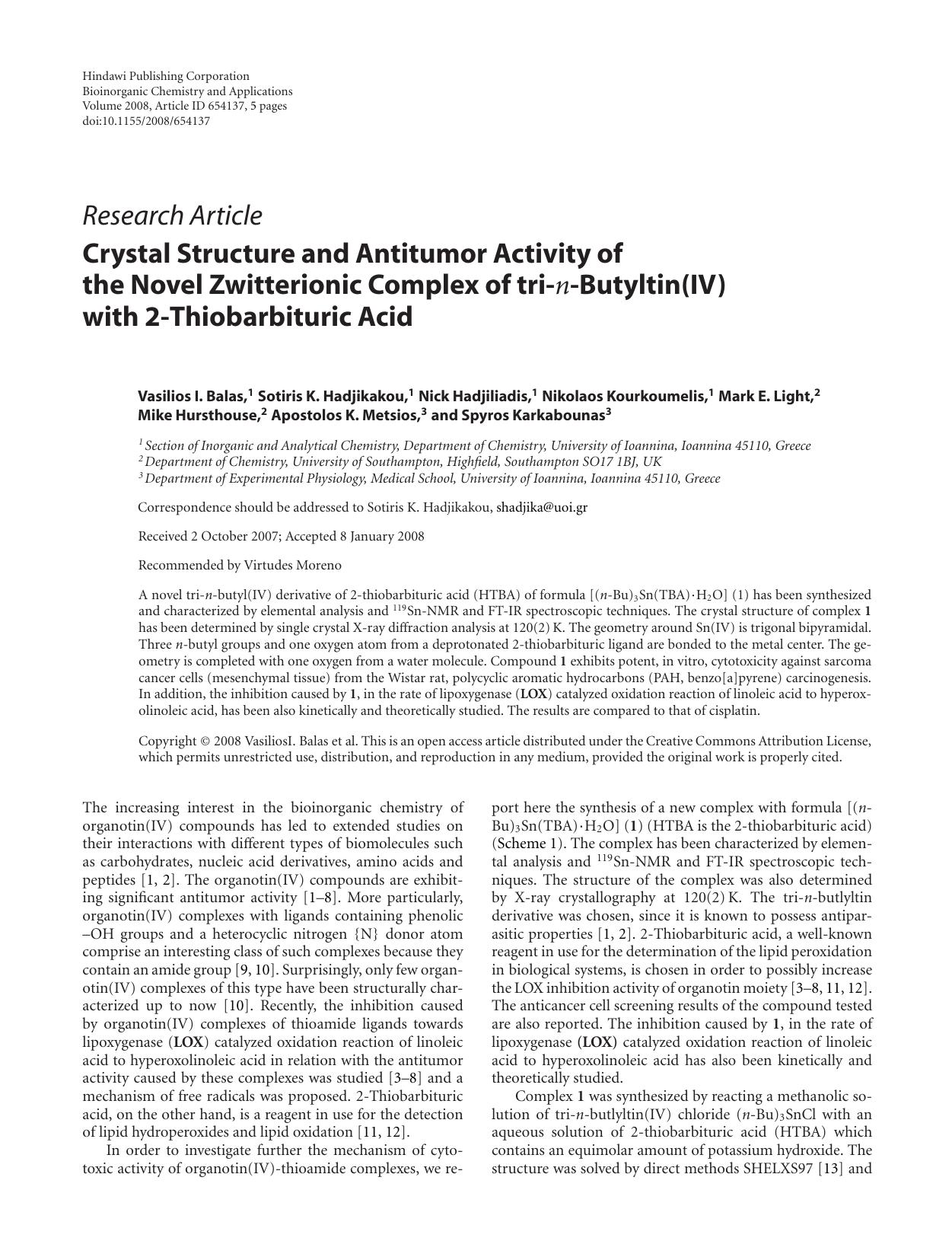 Crystal Structure and Antitumor Activity of the Novel Zwitterionic Complex of tri-n-Butyltin(IV) with 2-Thiobarbituric Acid by VasiliosI. Balas {et al.}