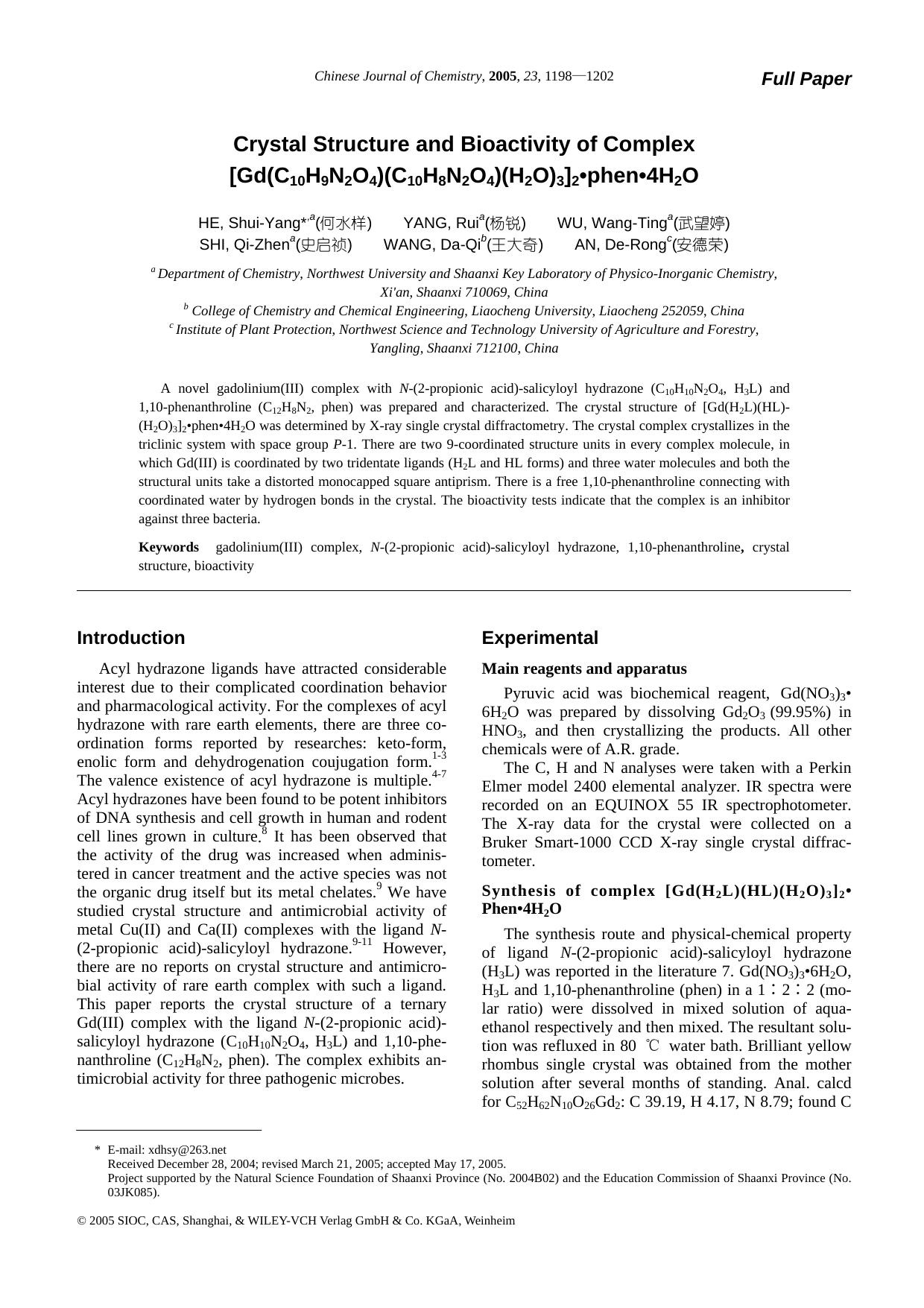 Crystal Structure and Bioactivity of Complex [Gd(C10H9N2O4)(C10H8N2O4)(H2O) 3]2Â·phenÂ·4H2O by fyy