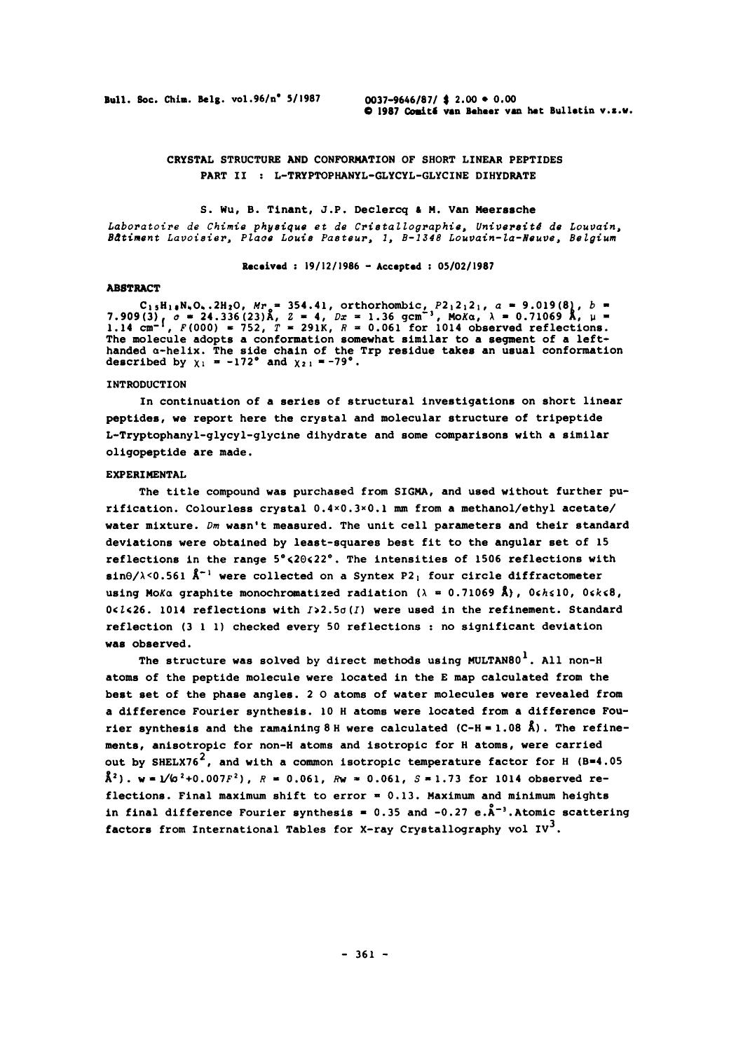 Crystal Structure and Conformation of Short Linear Peptides Part II: LTryptophanylGlycylGlycine Dihydrate by Unknown