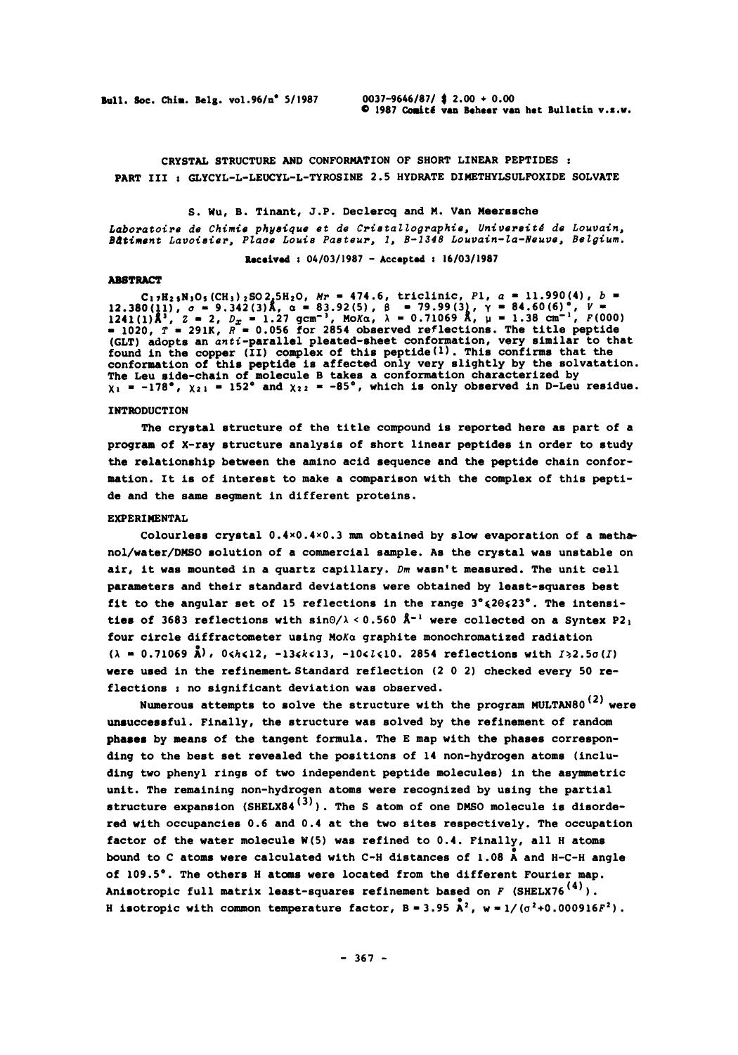 Crystal Structure and Conformation of Short Linear Peptides: Part III: GlycylLLeucylLTyrosine 2.5 Hydrate Dimethylsulfoxide Solvate by Unknown