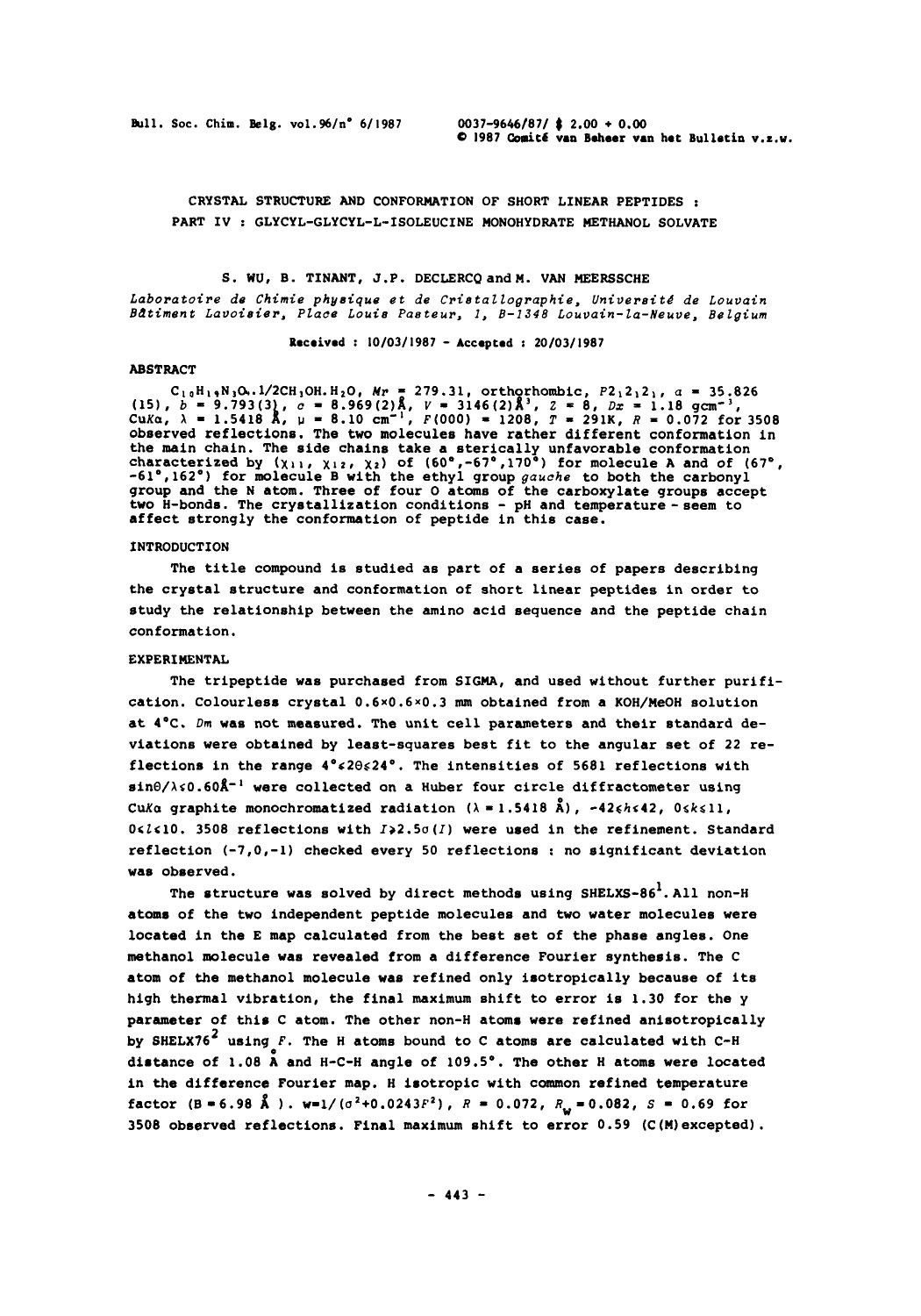 Crystal Structure and Conformation of Short Linear Peptides: Part IV: GlycylGlycylLIsoleucine Monohydrate Methanol Solvate by Unknown