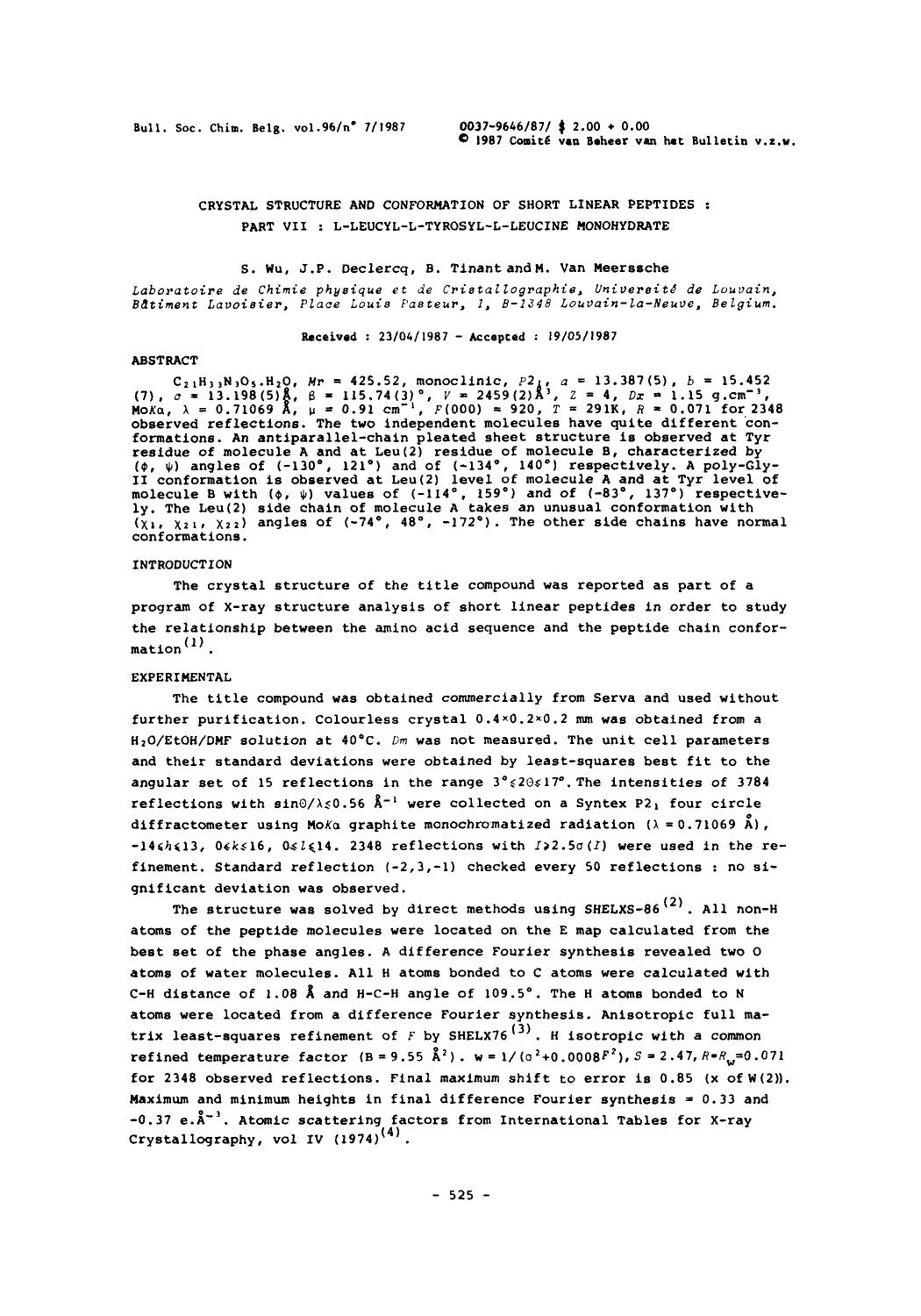 Crystal Structure and Conformation of Short Linear Peptides: Part VII: LLeucylLTyrosylLLeucine Monohydrate by Unknown
