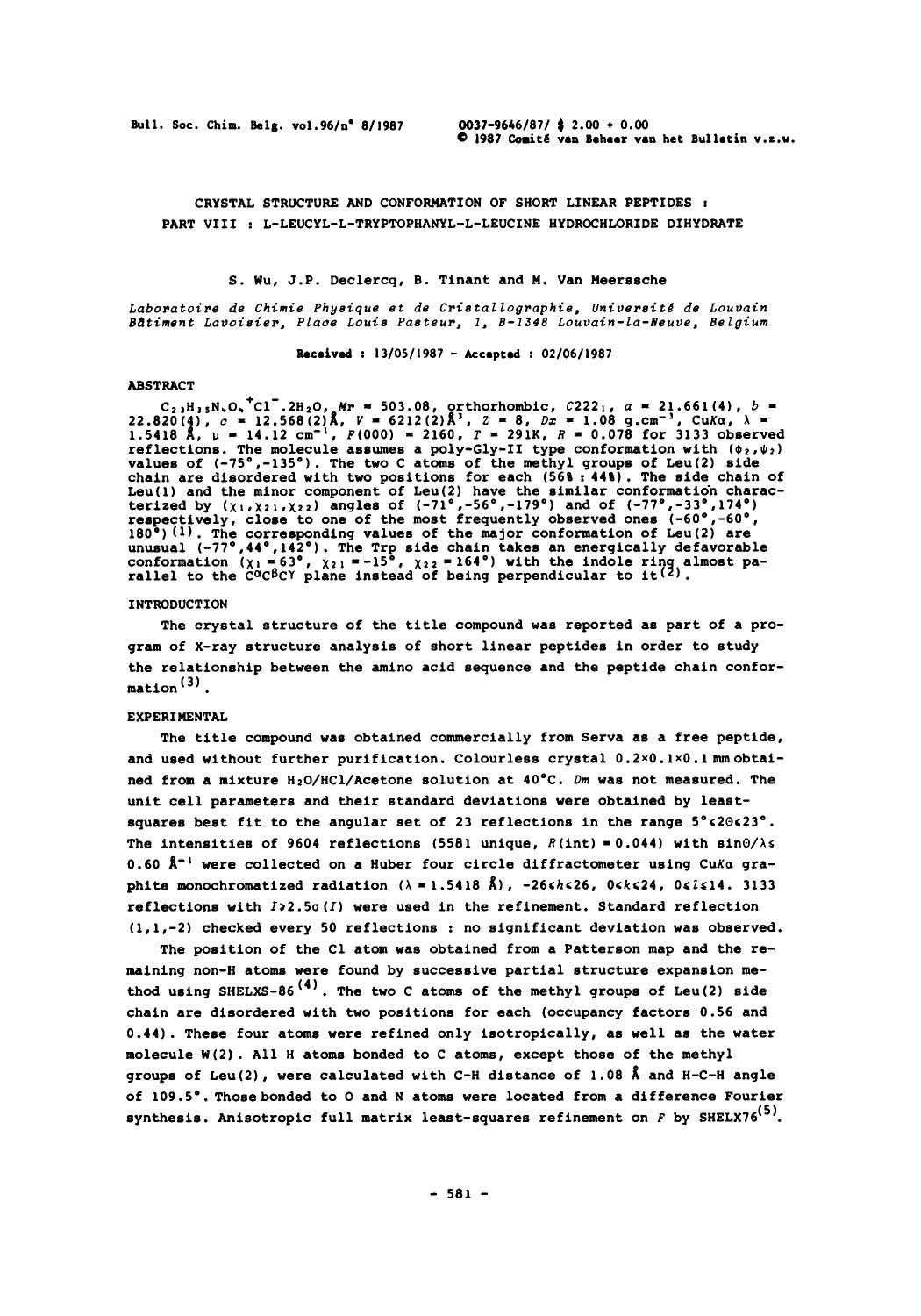 Crystal Structure and Conformation of Short Linear Peptides: Part VIII: LLeucylLTryptophanylLLeucine Hydrochloride Dihydrate by Unknown