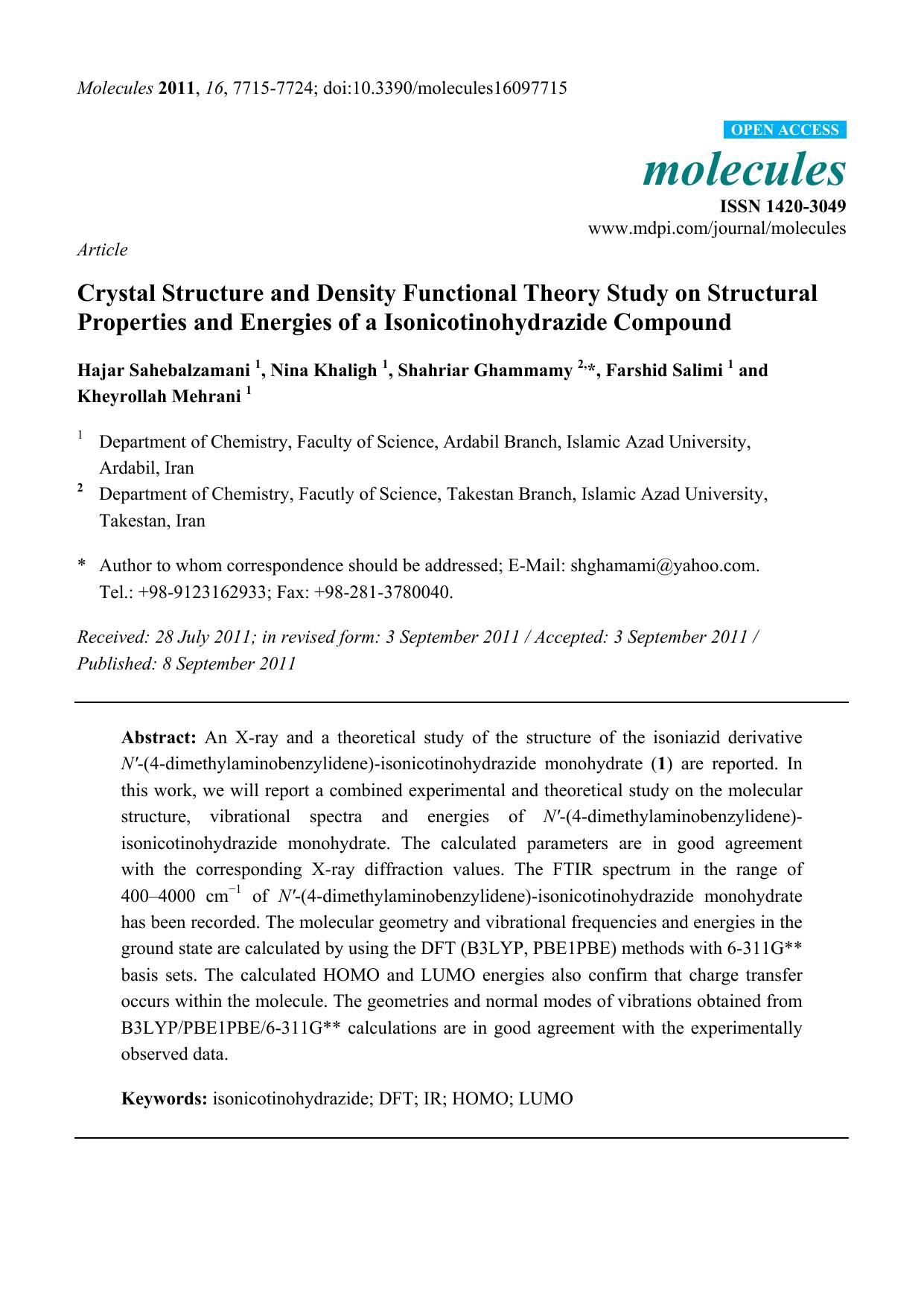 Crystal Structure and Density Functional Theory Study on Structural Properties and Energies of a Isonicotinohydrazide Compound by Hajar Sahebalzamani & Nina Khaligh & Shahriar Ghammamy & Farshid Salimi & Kheyrollah Mehrani
