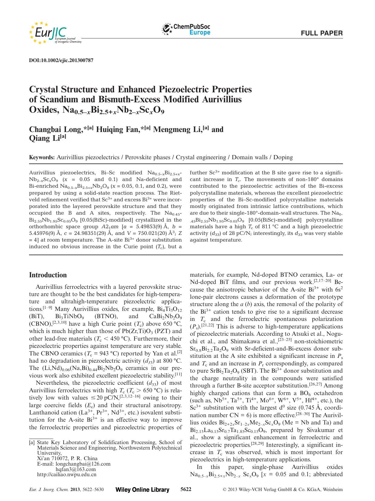 Crystal Structure and Enhanced Piezoelectric Properties of Scandium and BismuthExcess Modified Aurivillius Oxides, Na0.5xBi2.5+xNb2xScxO9 by Unknown