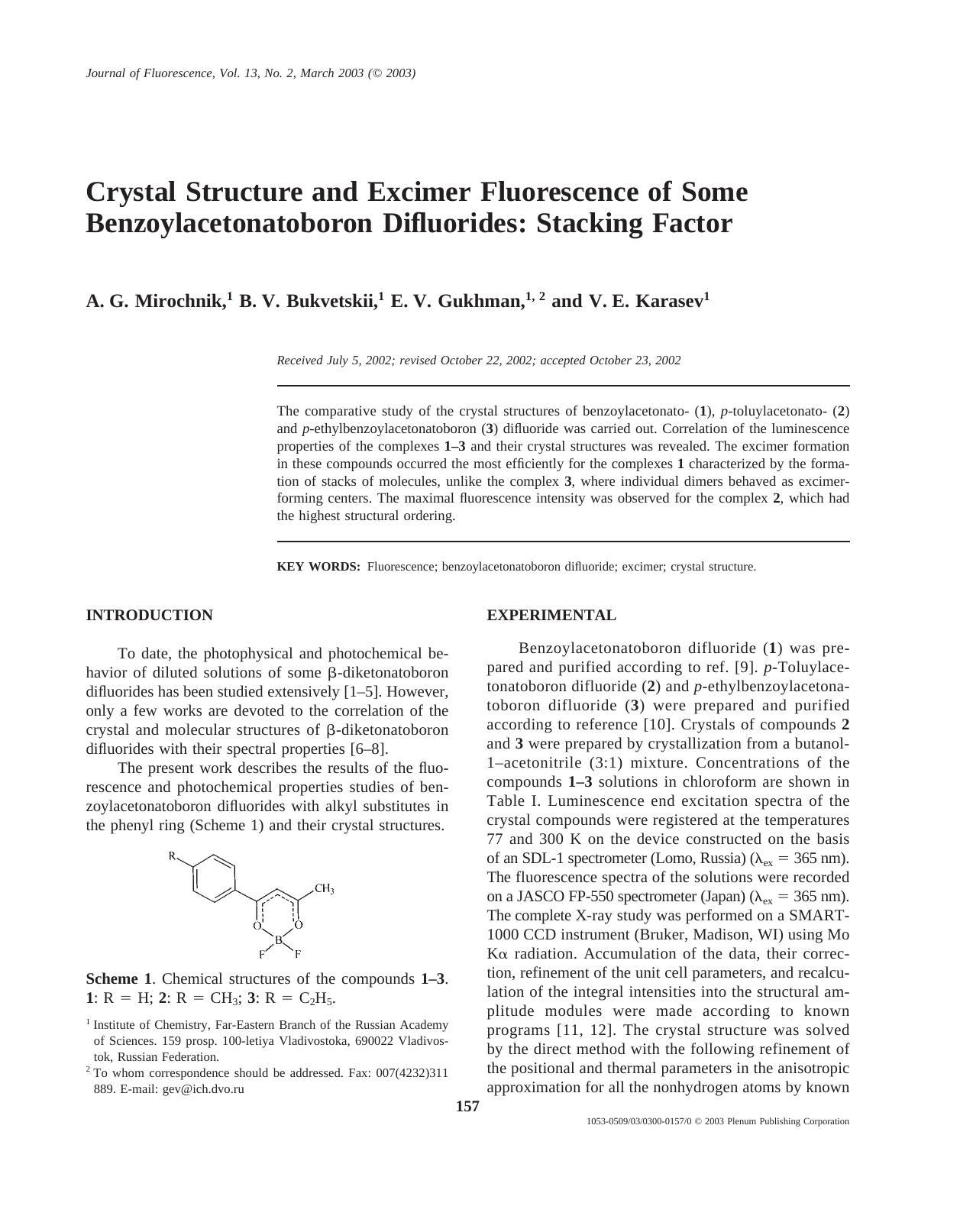 Crystal Structure and Excimer Fluorescence of Some Benzoylacetonatoboron Difluorides: Stacking Factor by Unknown