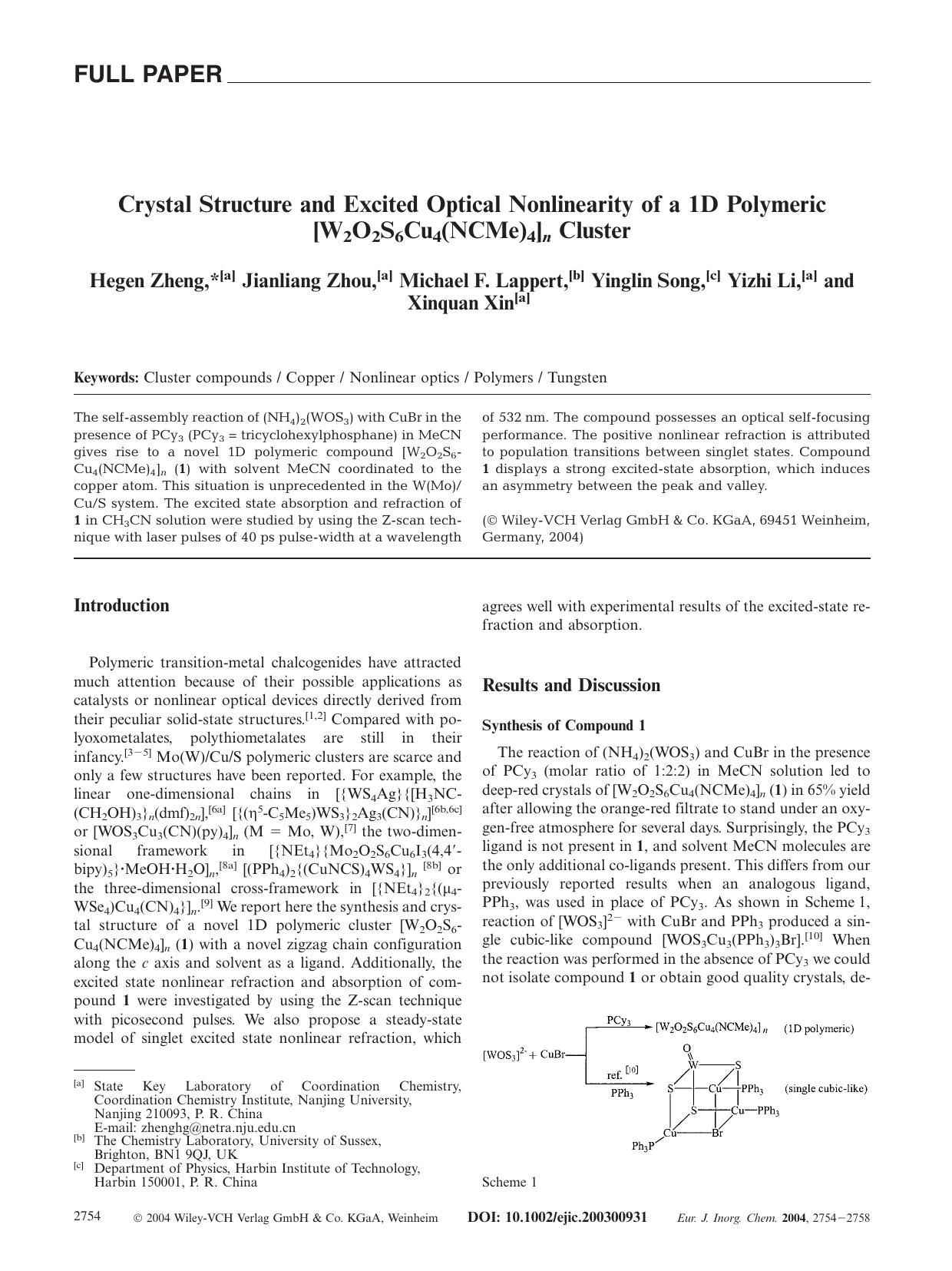 Crystal Structure and Excited Optical Nonlinearity of a 1D Polymeric [W2O2S6Cu4(NCMe)4]n Cluster by Unknown