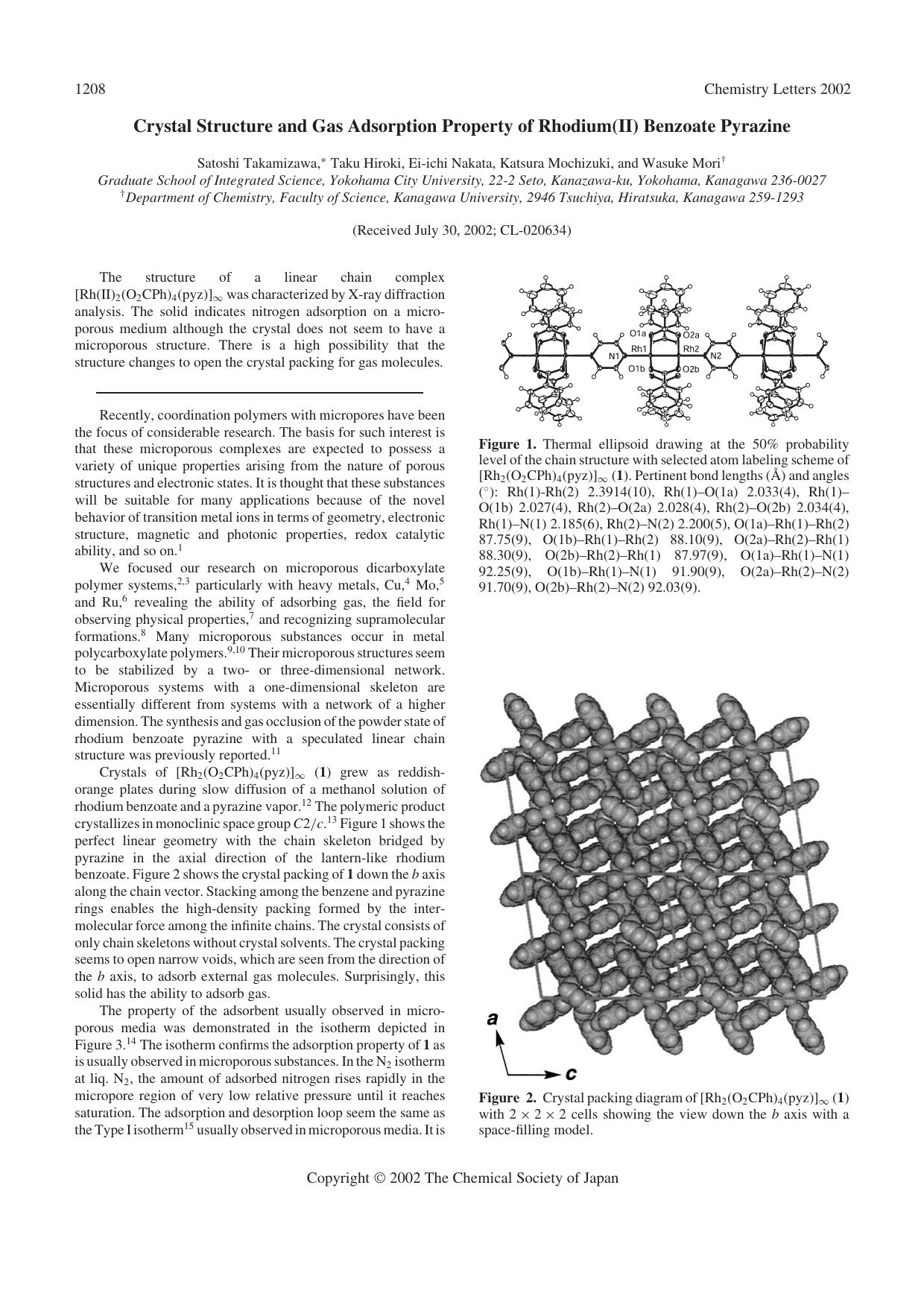 Crystal Structure and Gas Adsorption Property of Rhodium(II) Benzoate Pyrazine by Satoshi Takamizawa Taku Hiroki Ei-ichi Nakata Katsura Mochizuki and Wasuke Mori