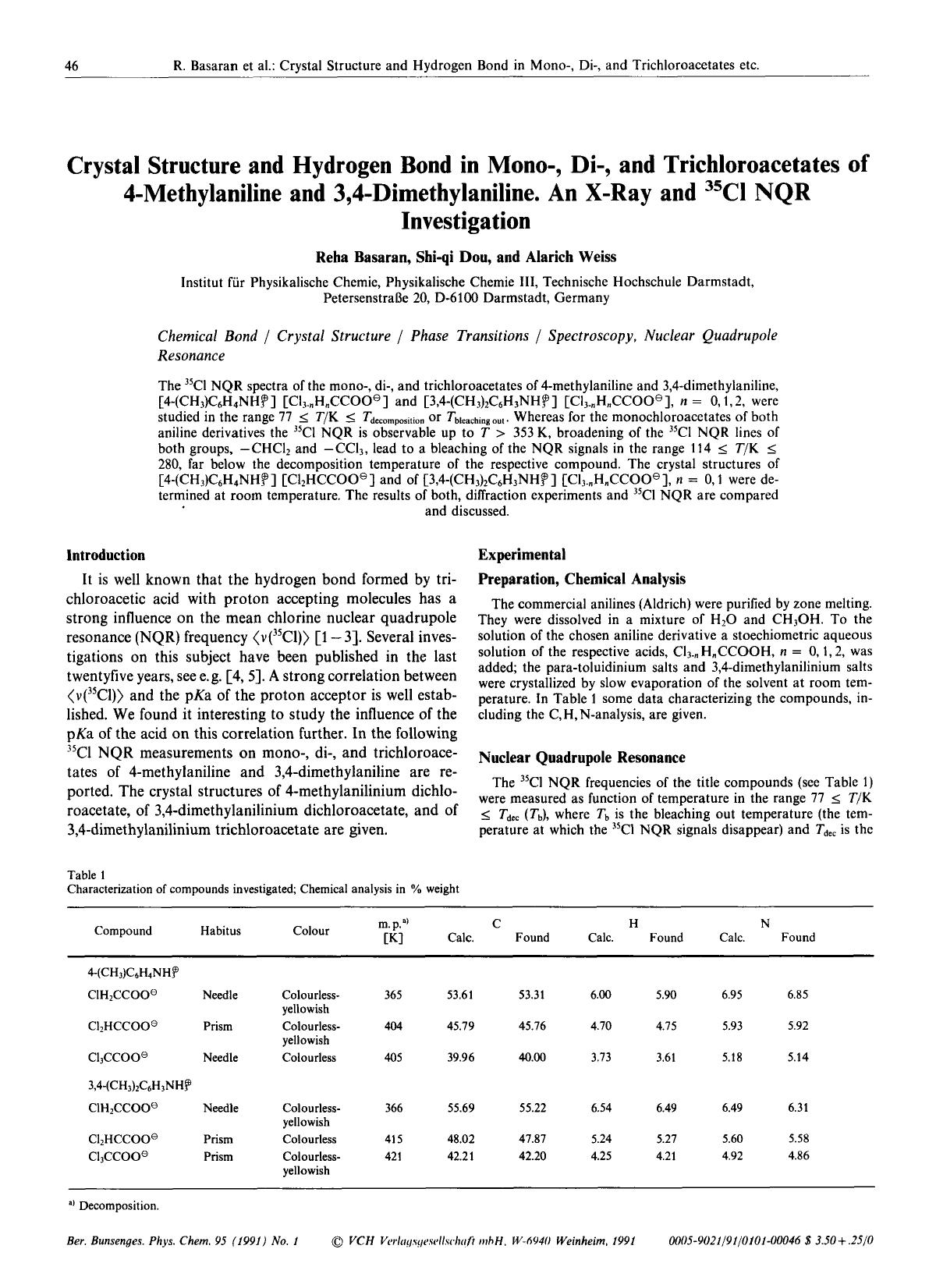 Crystal Structure and Hydrogen Bond in Mono-, Di-, and Trichloroacetates of 4-Methylaniline and 3,4-Dimethylaniline, An X-Ray and 35Cl NQR Investigation by Unknown