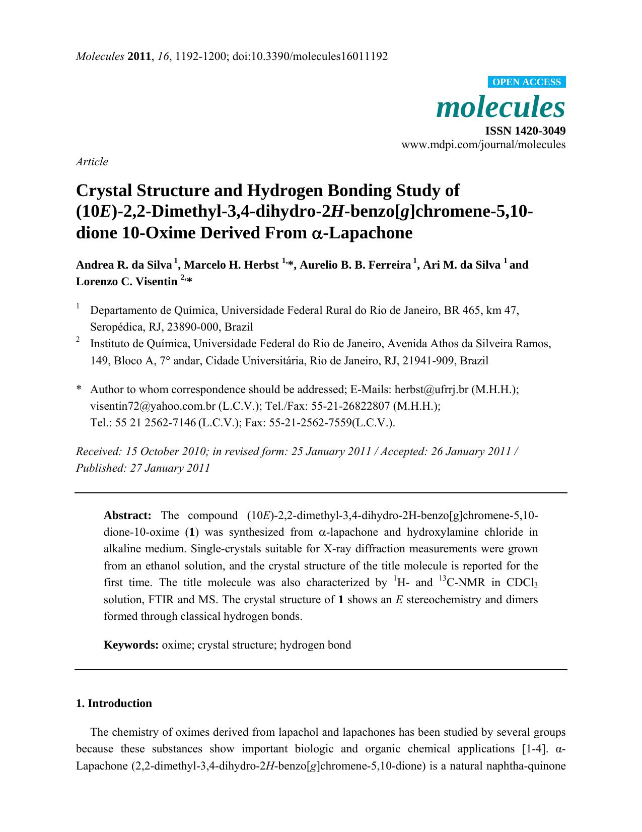 Crystal Structure and Hydrogen Bonding Study of (10E)-2,2-Dimethyl-3,4-dihydro-2H-benzo[g]chromene-5,10-dione 10-Oxime Derived From ï¡-Lapachone by unknow