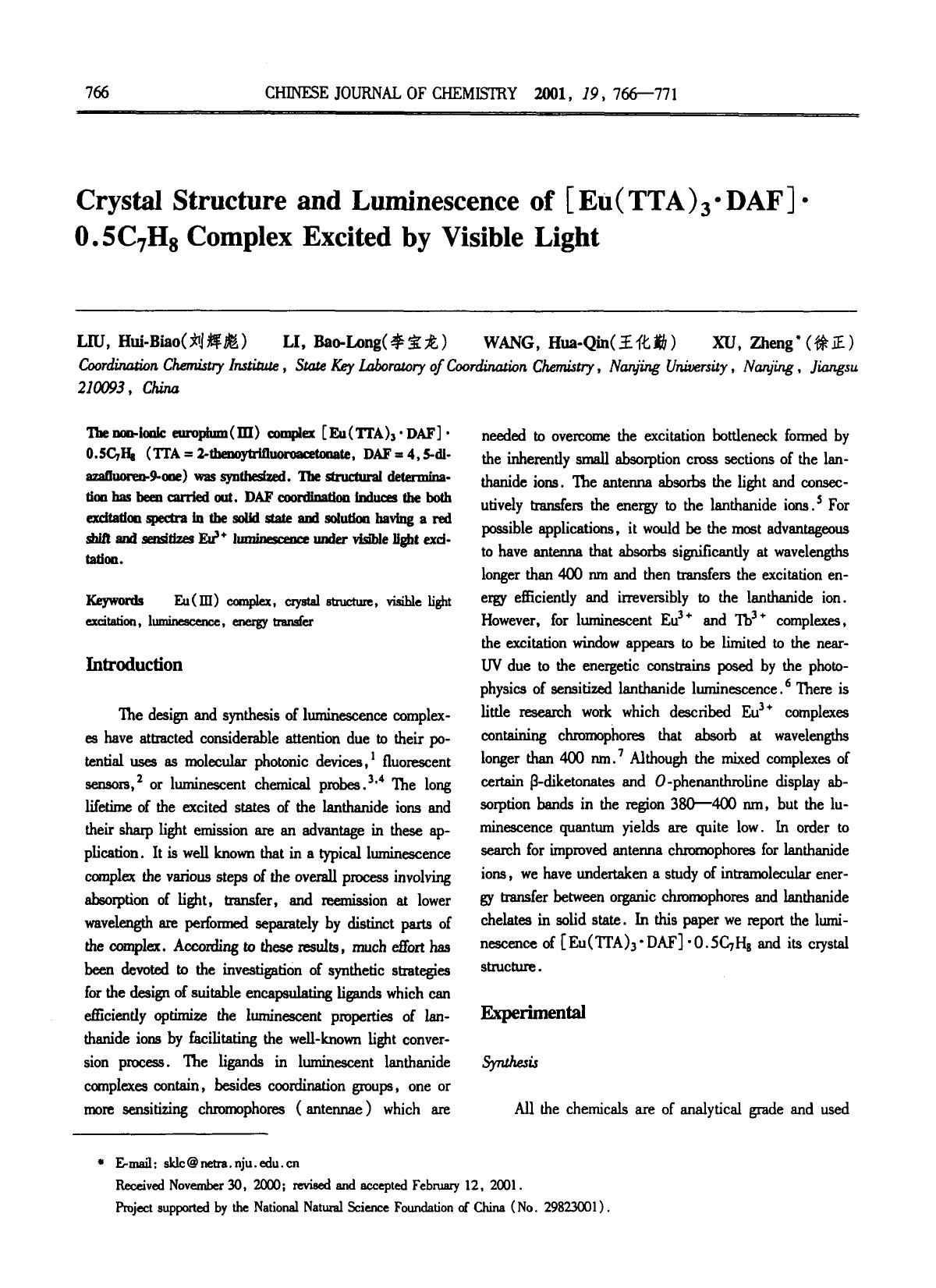 Crystal Structure and Luminescence of [Eu(TTA)3DAF]0.5C7H8 Complex Excited by Visible Light by Unknown