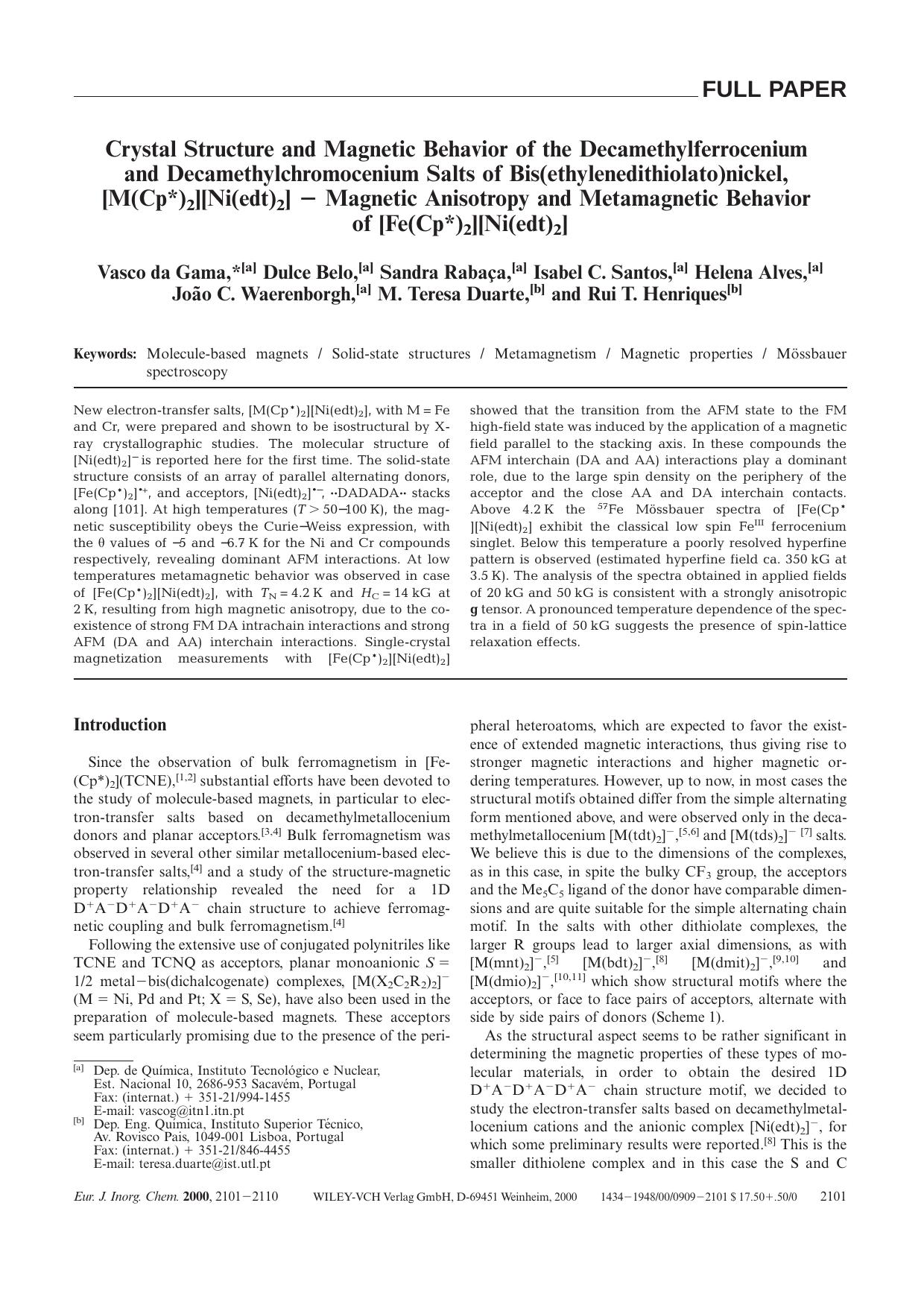 Crystal Structure and Magnetic Behavior of the Decamethylferrocenium and Decamethylchromocenium Salts of Bis(ethylenedithiolato)nickel, [M(Cp*)2][Ni(edt)2] - Magnetic Anisotropy an by Unknown