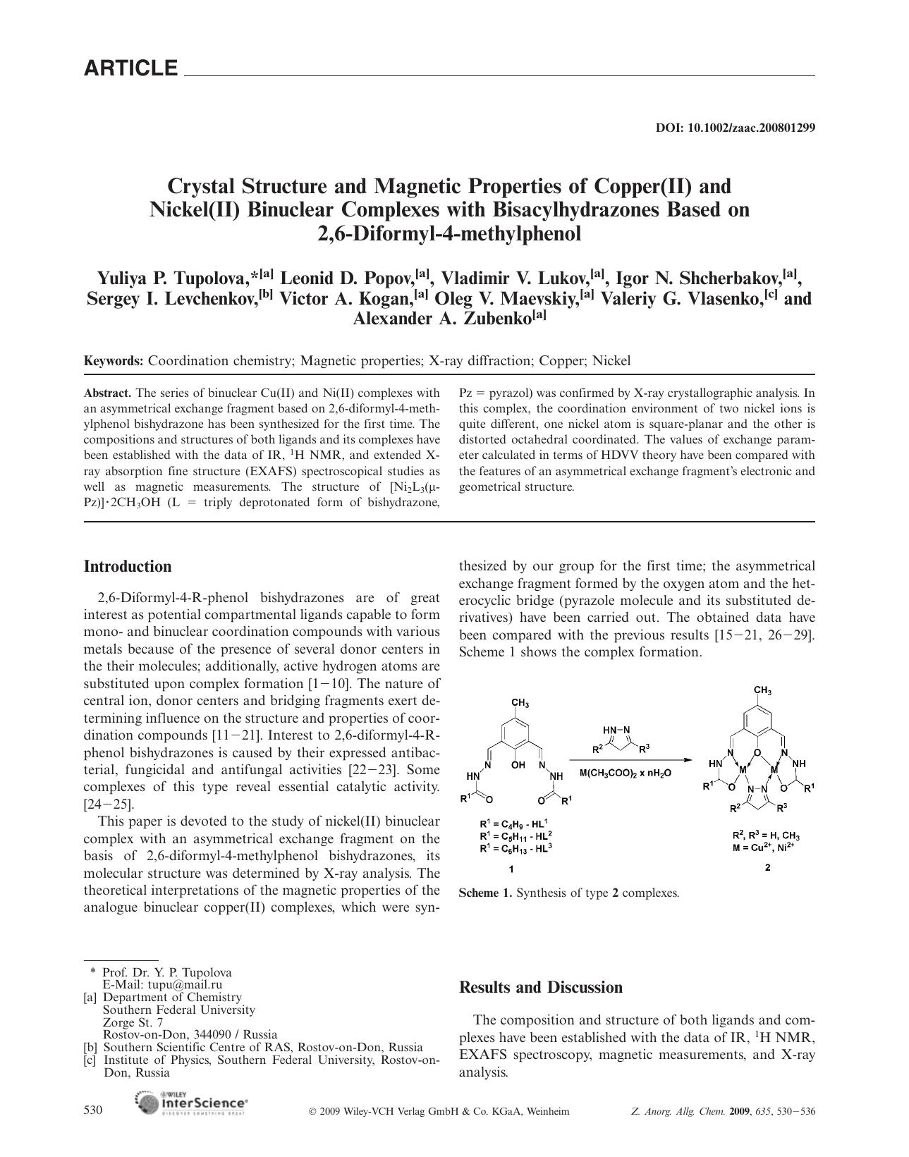 Crystal Structure and Magnetic Properties of Copper(II) and Nickel(II) Binuclear Complexes with Bisacylhydrazones Based on 2,6-Diformyl-4-methylphenol by Unknown