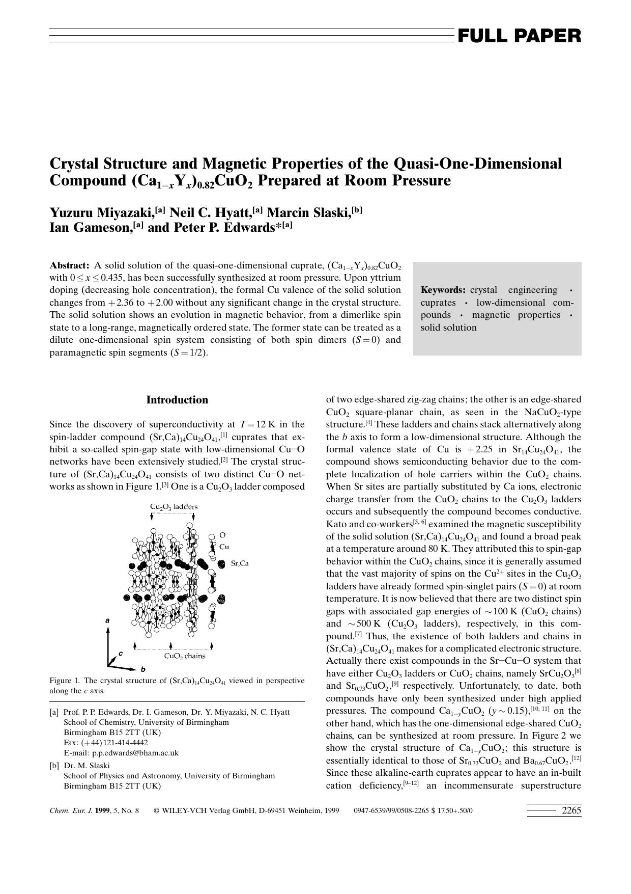 Crystal Structure and Magnetic Properties of the Quasi-One-Dimensional Compound (Ca1[minus]xYx)0.82CuO2 Prepared at Room Pressure by Unknown